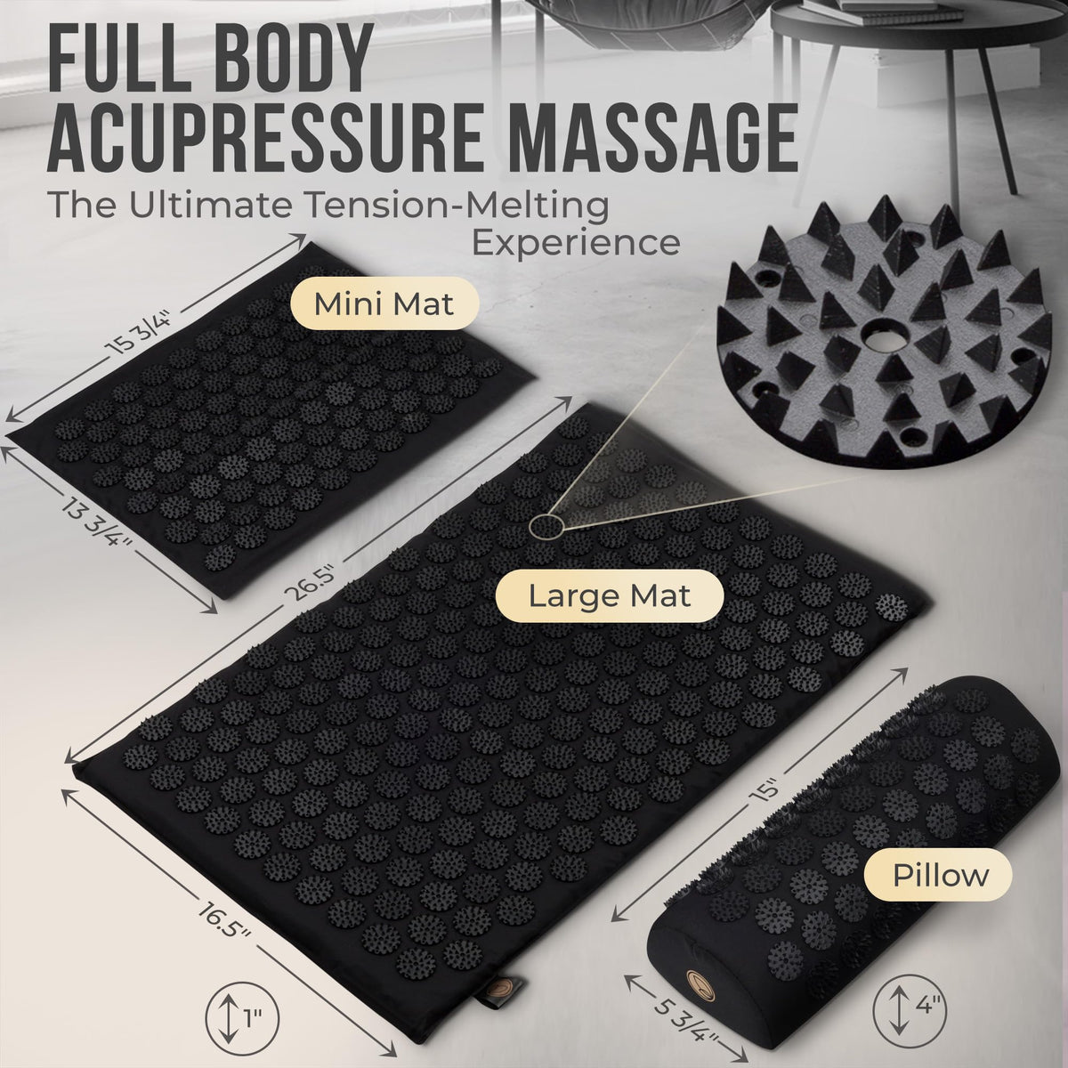 Acupressure Mat and Pillow Set with Mini Pad (Black)