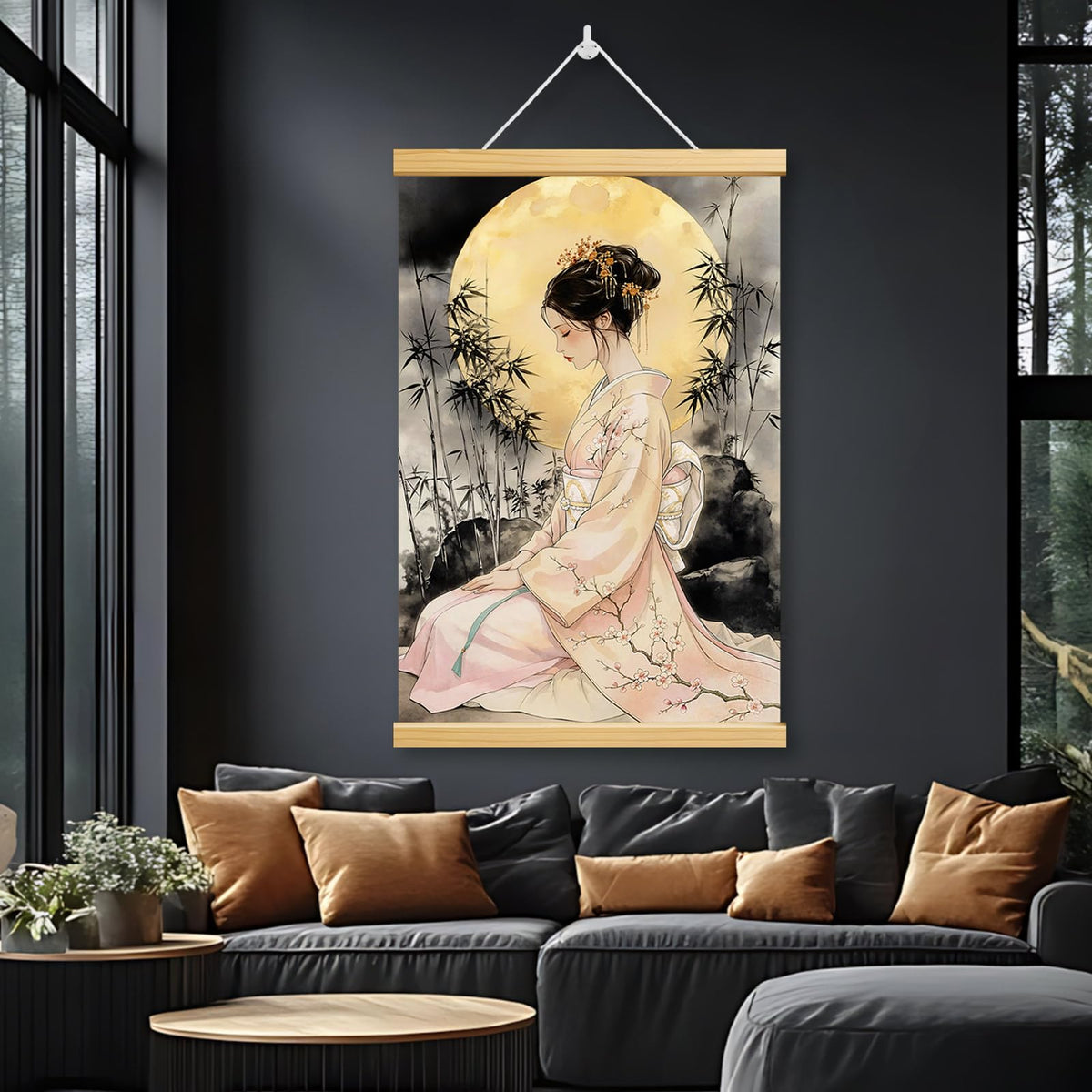 Elegant Geisha Canvas Wall Scroll (Pink)