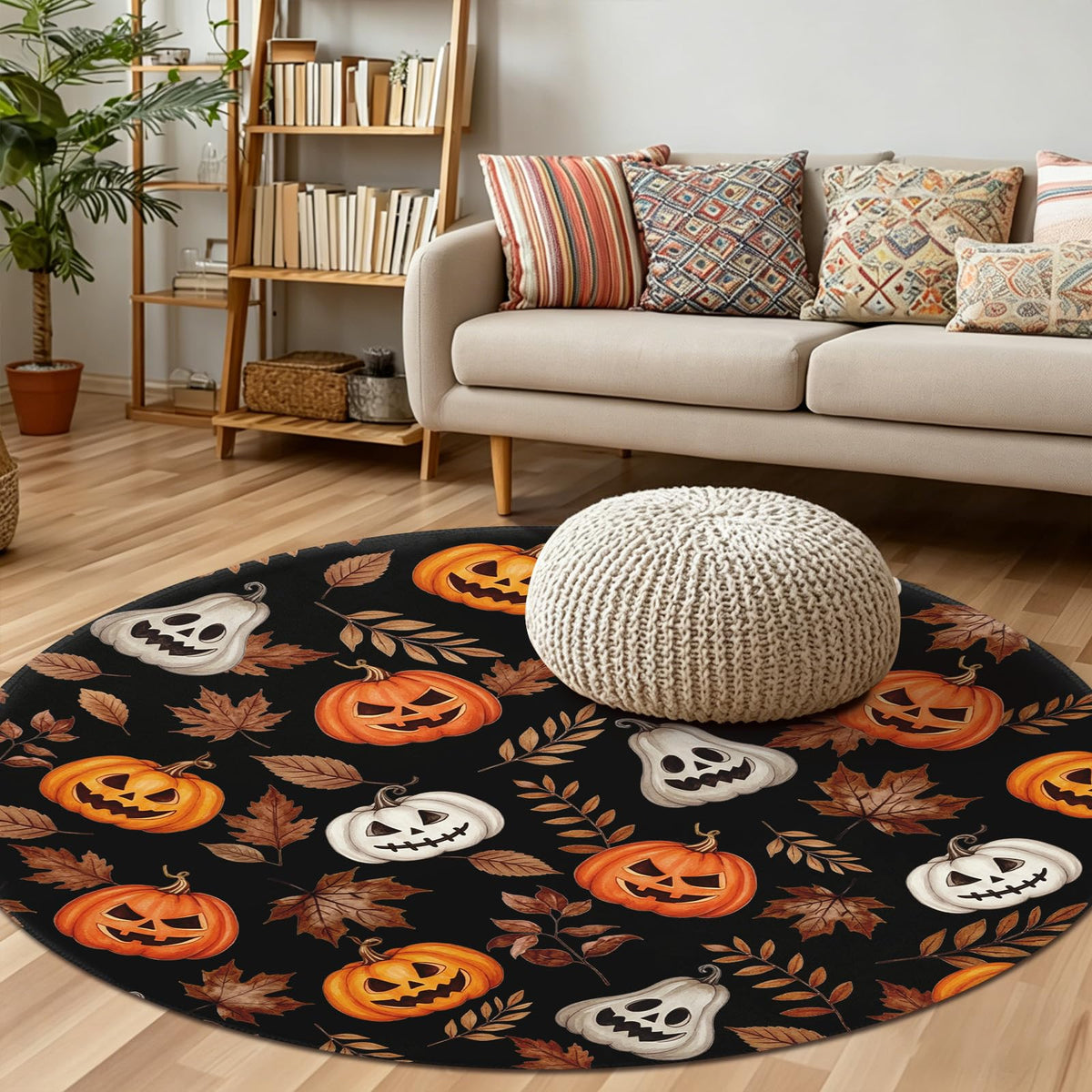 Halloween Round Area Rug 4ft (Spooky-orange White Pumpkin / 4' (Round))