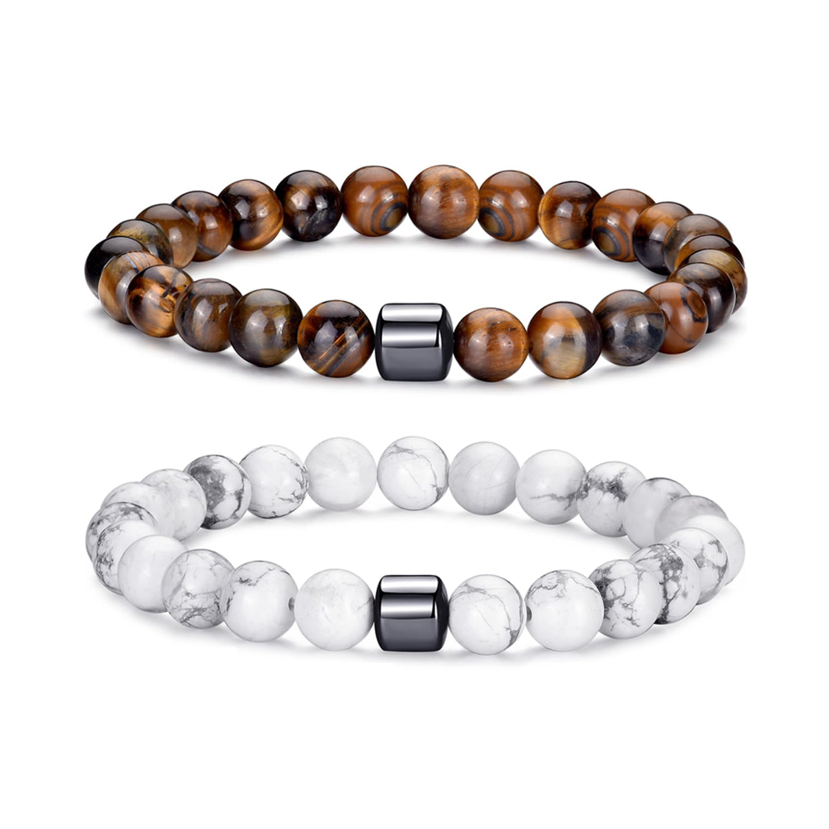 Mens Bracelets 8MM Natural Stone Beads Bracelet Set Stretch Adjustable Beaded Bracelets for Men (2,tiger eye,white bracelet)