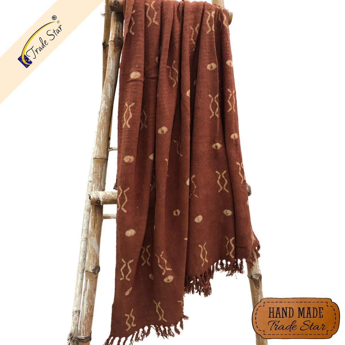 Hand Block Print Throw Blanket 100% Cotton Handloomed Cozy Blanket for Home Decor Designer Thick Cotton Throw with Tassels Blanket for Bed Fall Decor (Rust / Zen (120 x 170 Cms))