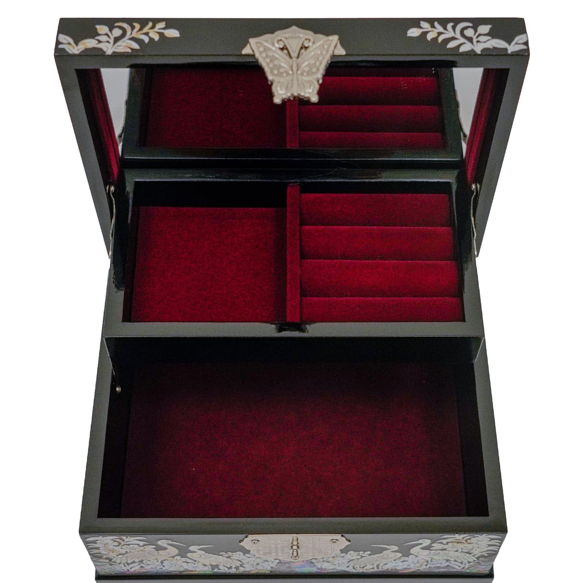 Mother-of-Pearl Crane Jewelry Box | Wooden Make | Two-Layer Velvet Interior | Mirror Lid | Lacquer Finish | Handmade Korean Art | Valentine’s & Mother’s Day Gift (Crane)