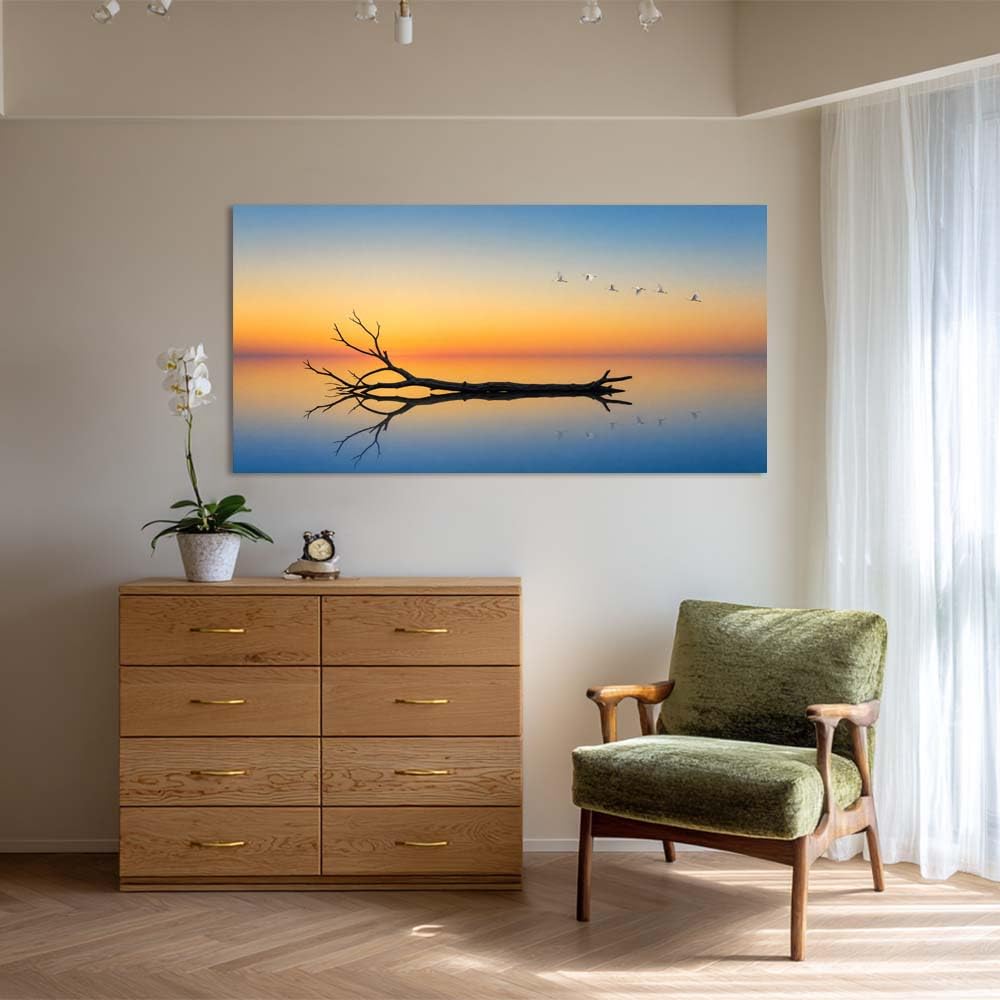 Minimalist Bare Tree Canvas Wall Art Zen Lake Reflection Landscape Painting Flat Print Gallery Wrapped Moody Artwork for Living Room Bedroom Bathroom Decor (Mysterious / Black Dead Tree Branch 18 / 46"L x 23"W)