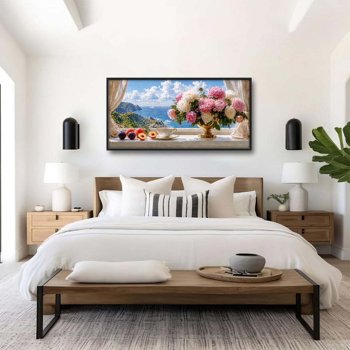 Peony Flower Ocean Large Wall Art Coastal Window Landscape Canvas Framed Wall Decor Floral Seaside Pictures Painting Beach Artwork for Living Room Bedroom Office 30"x60" (Peony Flower / 60"L x 30"W)