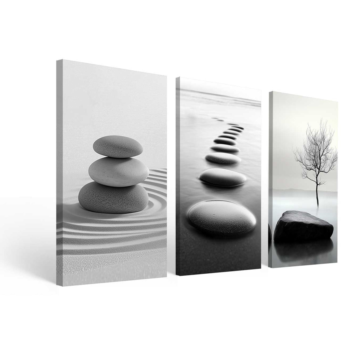 Set of 3 Black White Zen Bathroom Canvas Wall Art Prints Zen Stones in the Water Pictures White Lotus Poster Yoga Meditation Artwork Spa Room Decor (Beige / 40x20inx3 Pieces)