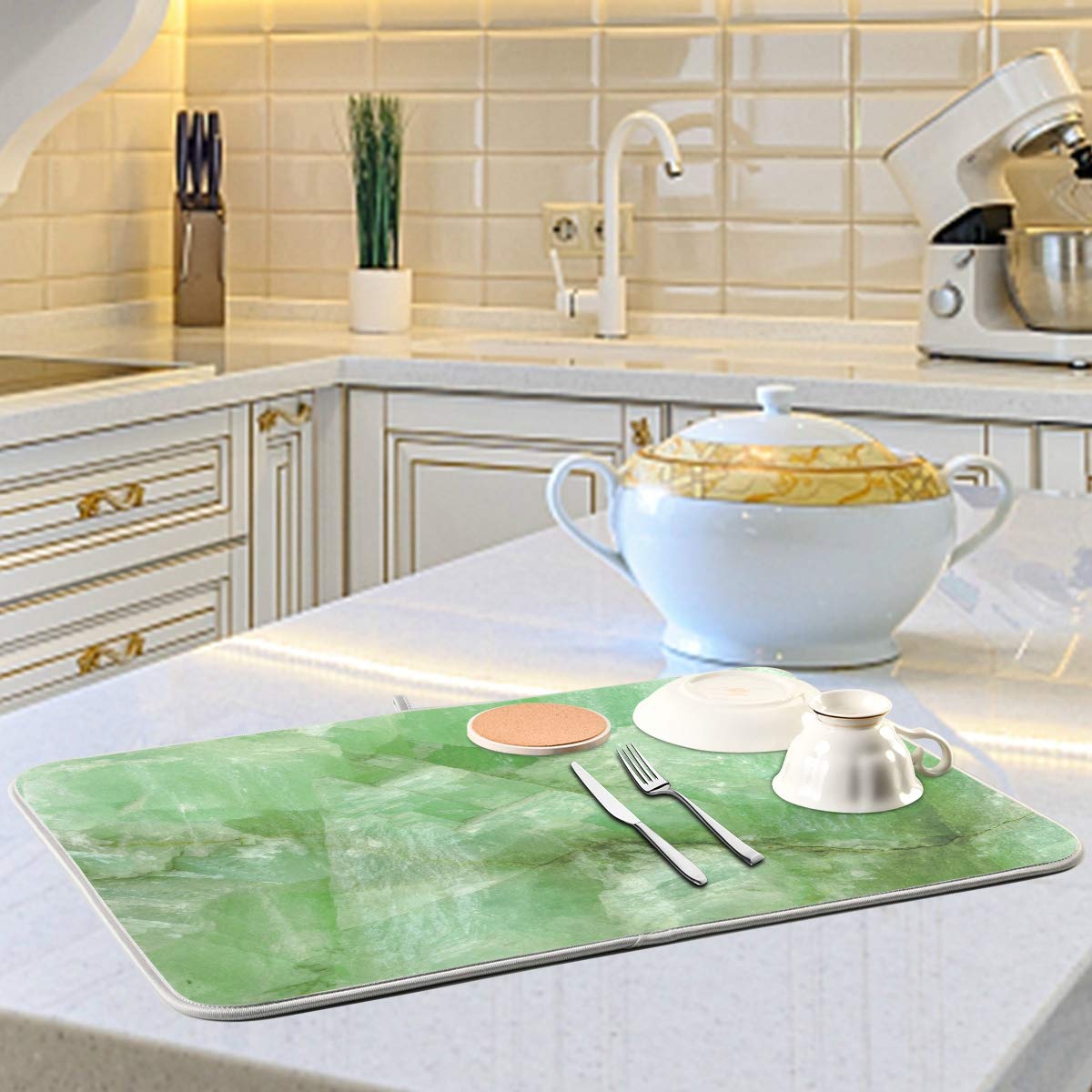 Super Absorbent Dish Drying Mat (Green Jade Stone Marble / 18" x 24")