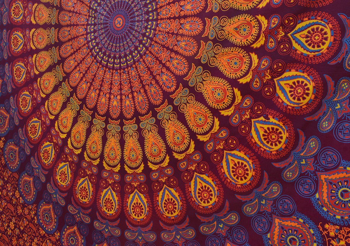 Tapestry Wall Hanging Hippie Mandala Bohemian Hippy Psychedelic Intricate Floral Design Indian Tapestries Bedspread 84 x 90 Inches (90"L x 84"W / Maroon Yellow)