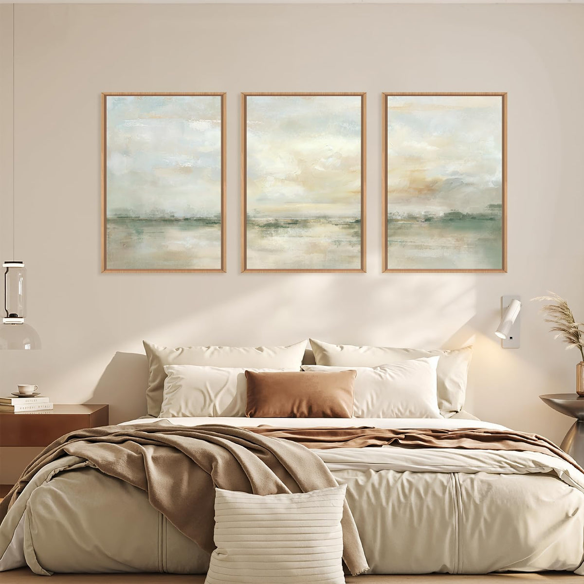 Large Abstract Green Gray Pastel Framed Canvas Wall Art (Neutral Green Wall Art / 24"L x 16"W)