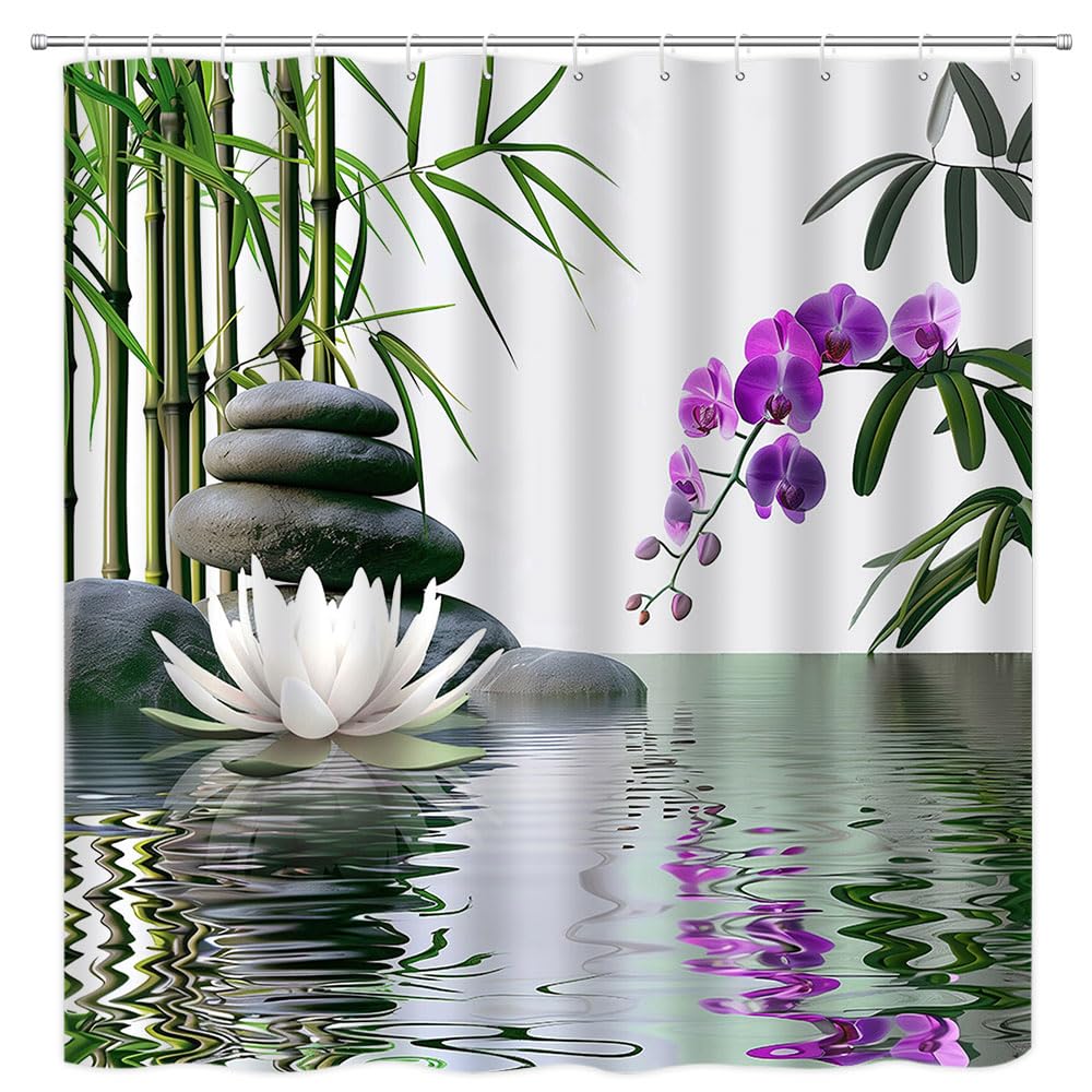 Zen Garden Shower Curtain Green Bamboo Spa Stone Lotus Purple Orchid Flower Nature Japanese Relax Fabric Bathroom Decor Curtain Sets with Hooks (Green Purple / 47"Wx70"H)