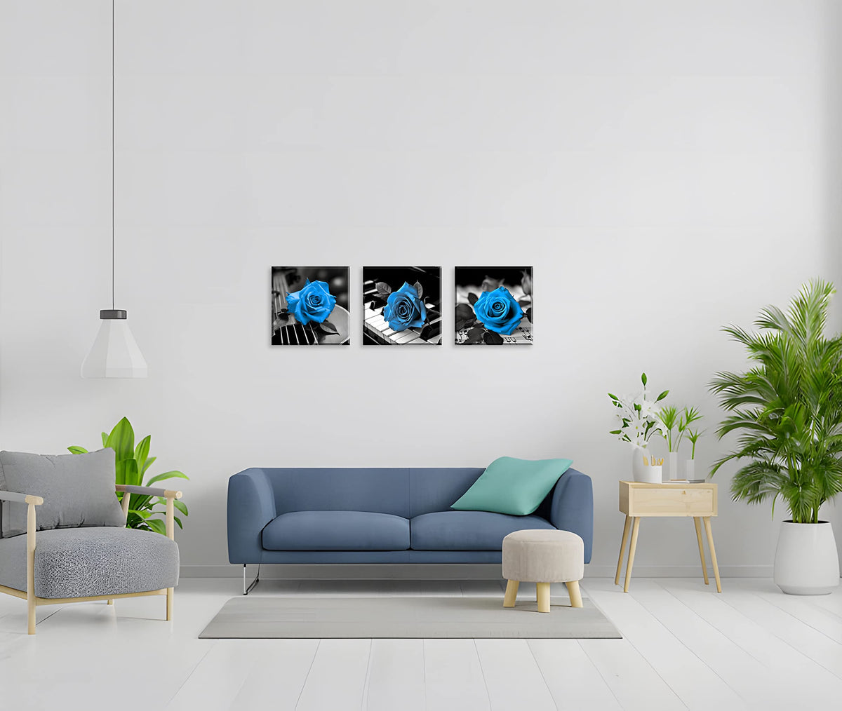 Blue Wall Decor for Living Room Blue Bathroom Accessories Black and White Canvas Wall Art Blue Rose Music Pictures Bedroom Decor Modern Painting Kitchen Home Decorations 16x16 3 Pcs (16 x 16 inches (3-Piece Set) / Blue Rose & Music)
