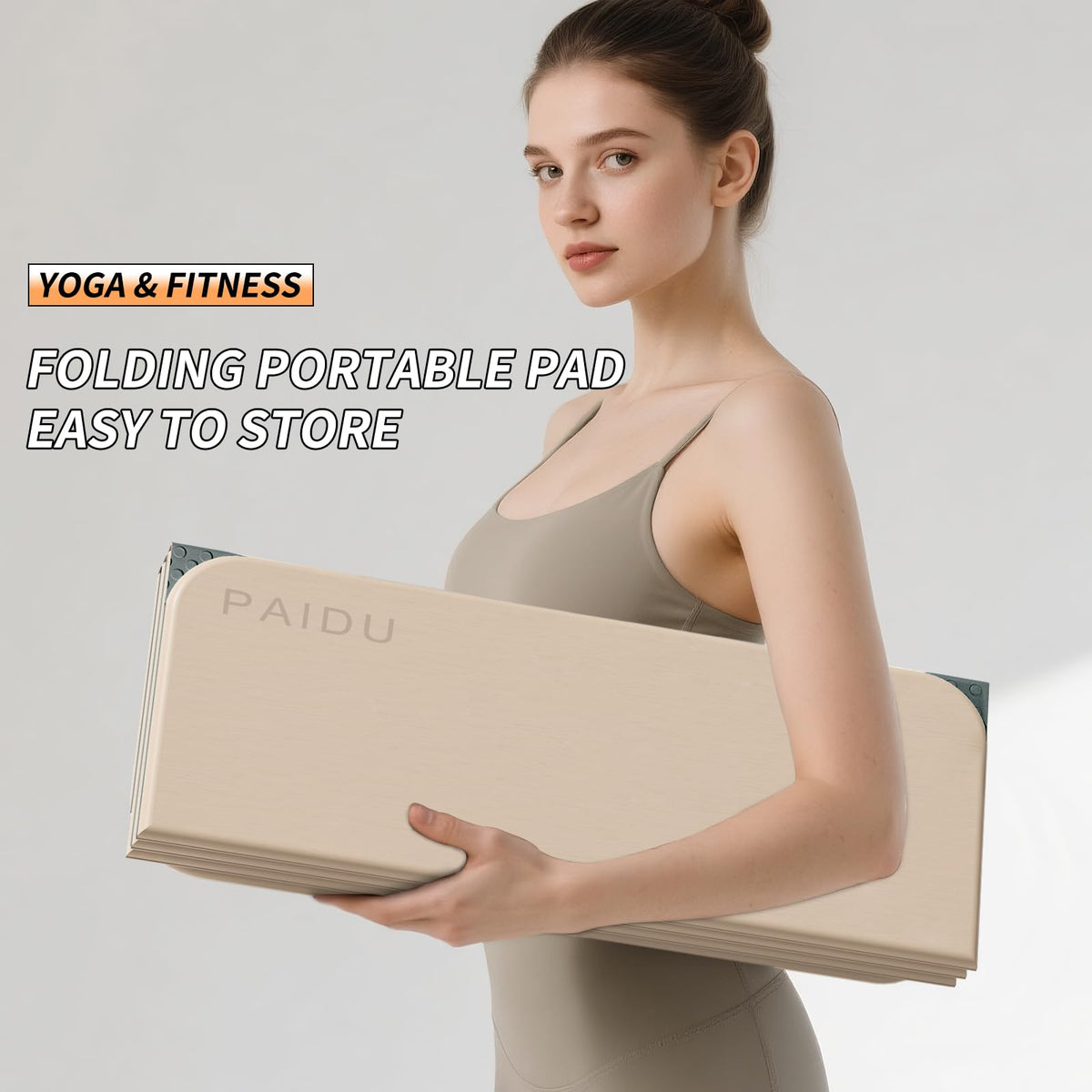 Foldable Yoga Mat 10MM Thick SGS Certified TPE 75x26" Portable (Beige+Dark Gray)