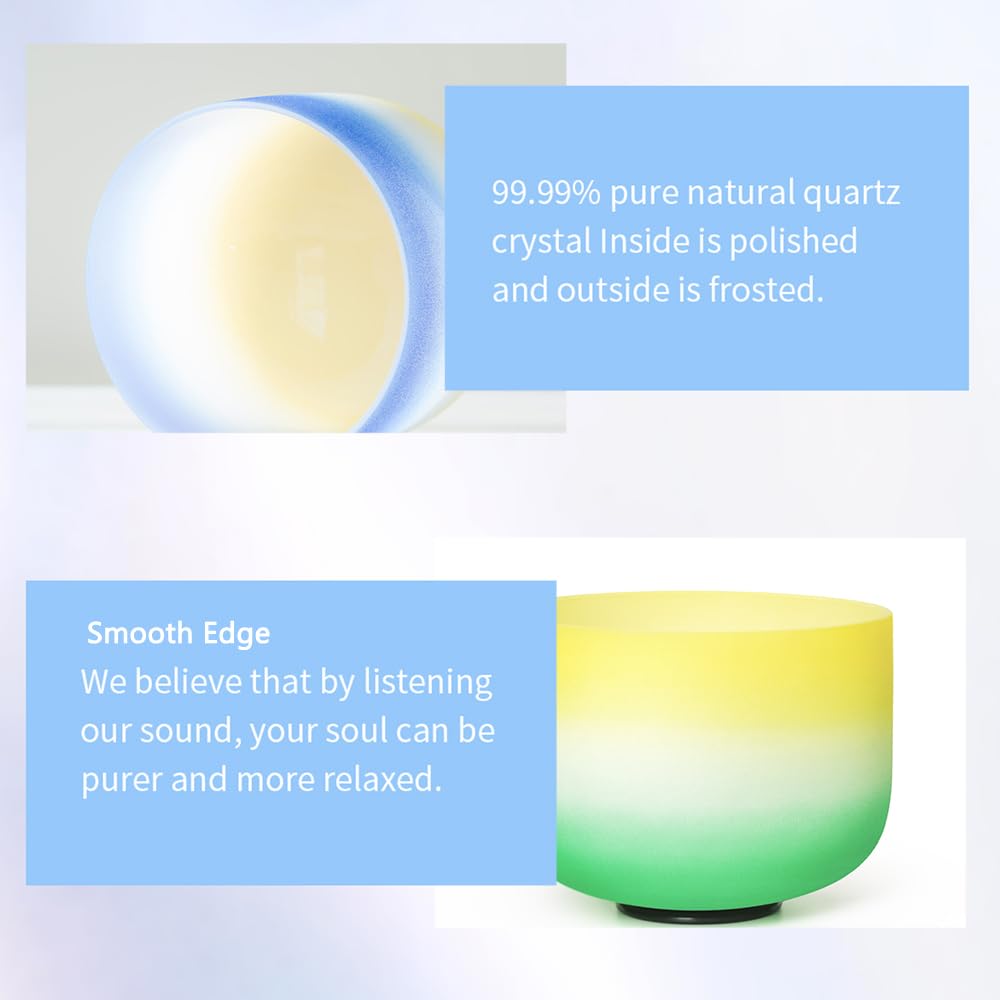 7PCS 432Hz Rainbow Quartz Crystal Singing Bowls Set for Meditation (7-12inch 432hz Multicolored 7PCS)