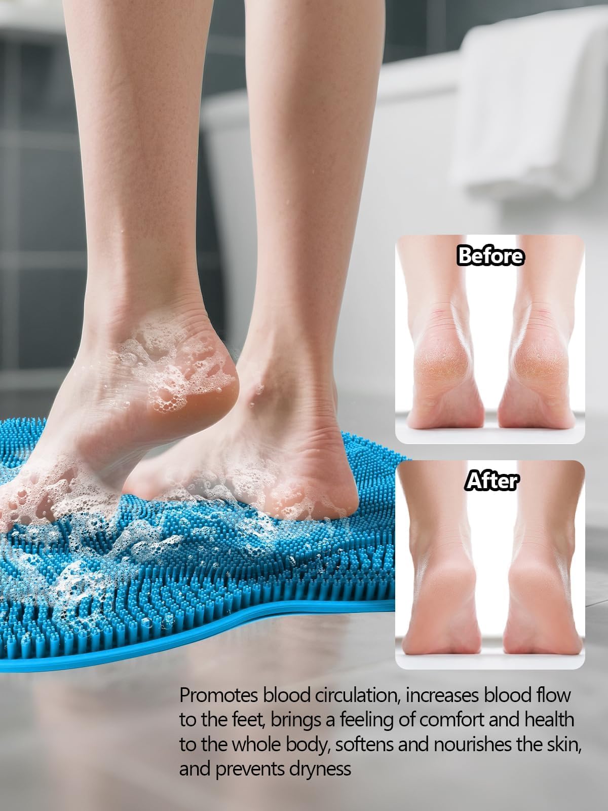 Silicone Shower Foot Scrubber Mat with Non Slip Suction Cups (Blue)