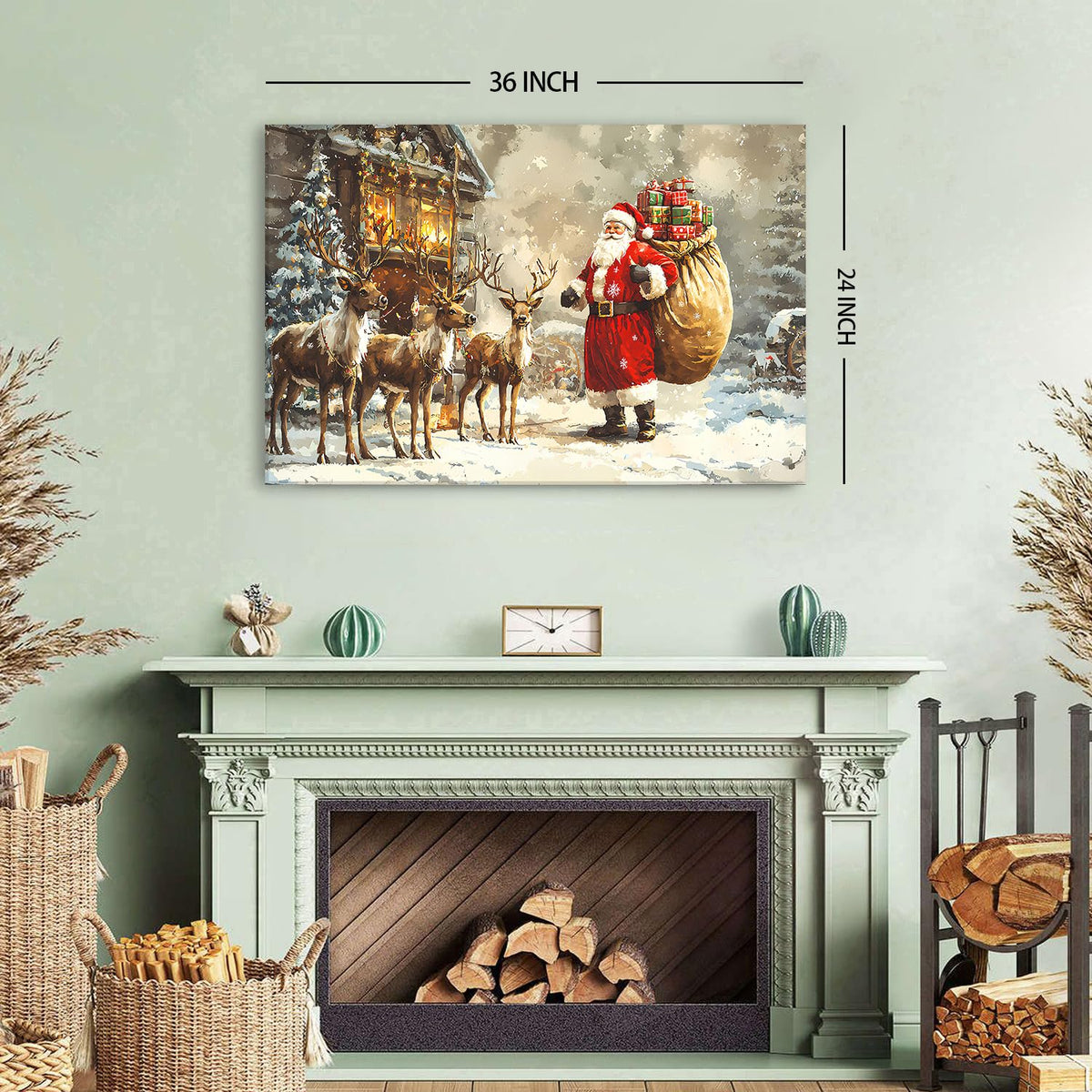 Vintage Christmas Wall Art Rustic Farmhouse Santa Claus Wall Decor Winter Deer Canvas Pictures Christmas Tree Santa and Reindeer Painting Artwork for Living Room Bathroom Home Decorations 24x36" (36"L x 24"W / Santa Claus)