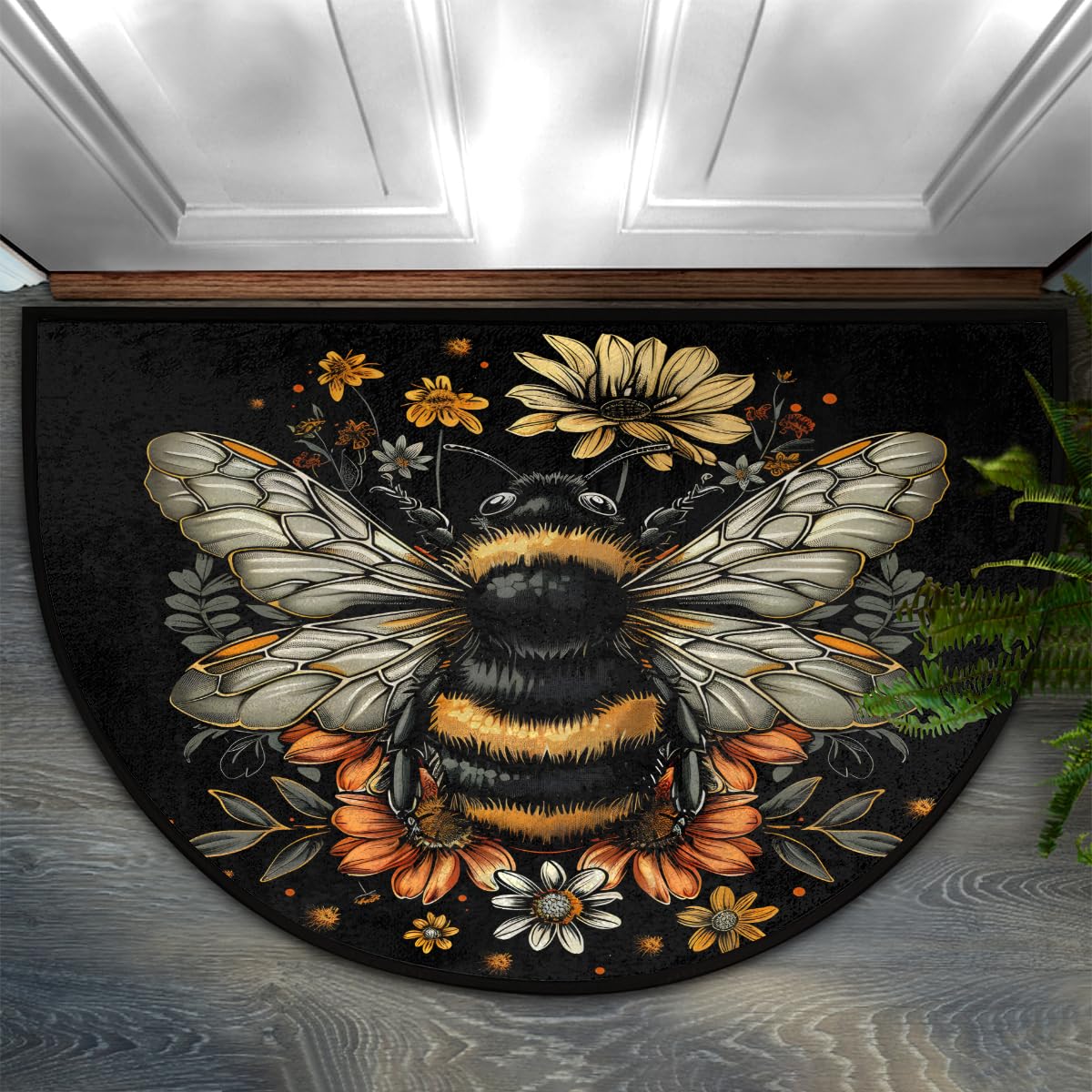 Half Round Doormat Bee Flower Black Washable Semi Circle Mat Non Slip Absorbent Half Moon Rugs for Indoor Outdoor Entrance Kitchen Bathroom Bedroom Patio Fireplace Floor Carpet Decor (B06:black Bee)
