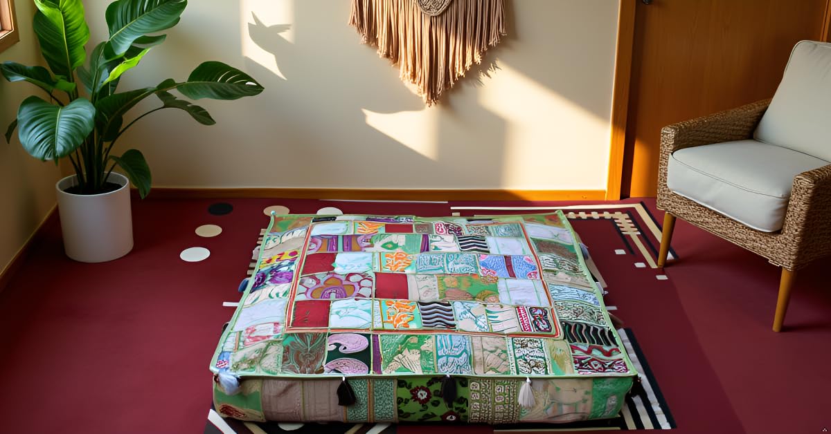 Indian Square Patchwork Traditional Pouf Cover Indian Living Room Poufs Decorative Embroidered Designer Ottoman Home Footstool Chair Cover Decor Pillow Cover 35 inches (35"D x 35"W x 5"H / Light Green)