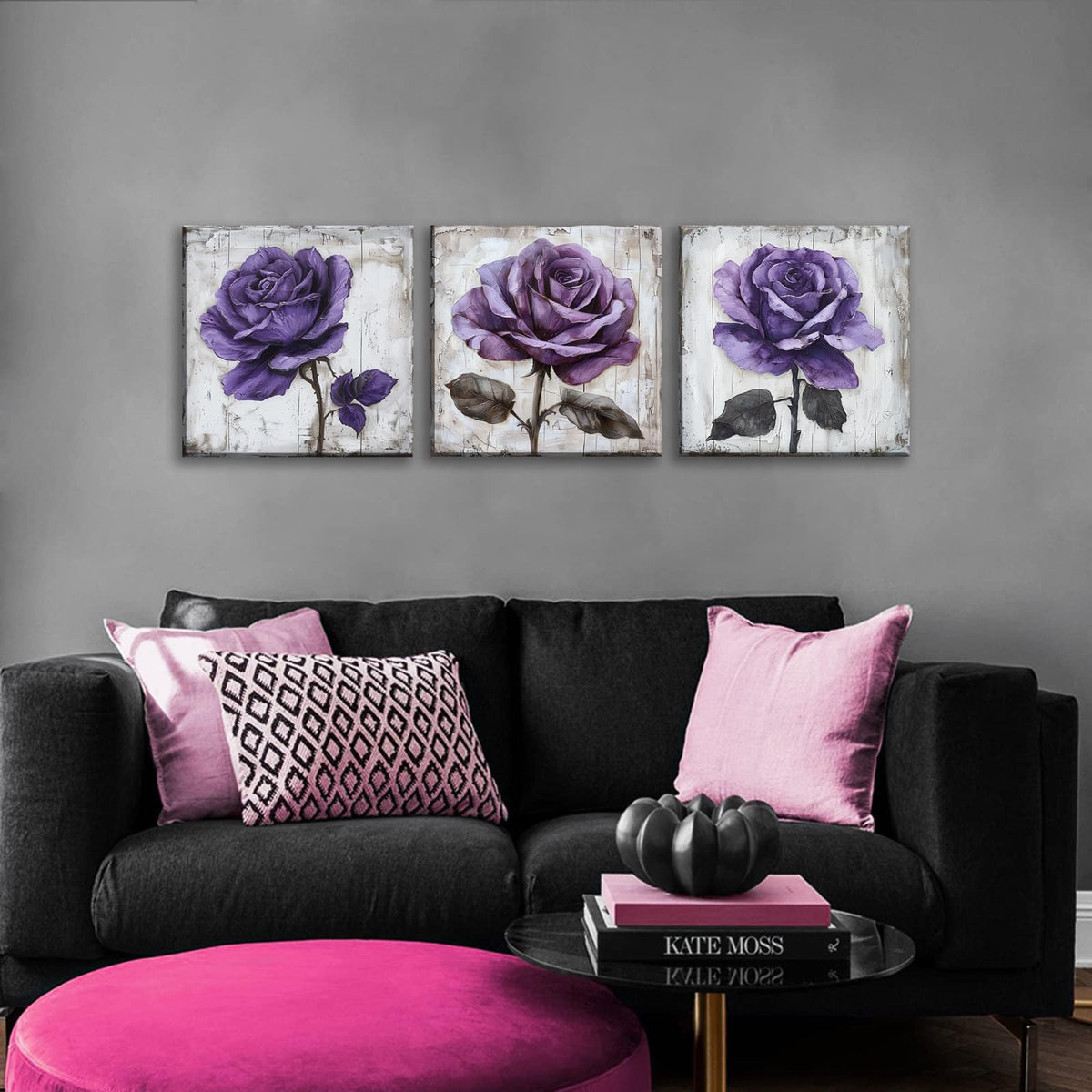 3Pcs Purple Rose Canvas Prints Wall Art Botanical Floral Art Modern Flower Artwork Ready to Hang Textured Wall Art Print Decorative Wall Hanging for Living Room Bedroom Kitchen (14 x 14 inches (3-Piece Set) / Purple Rose)