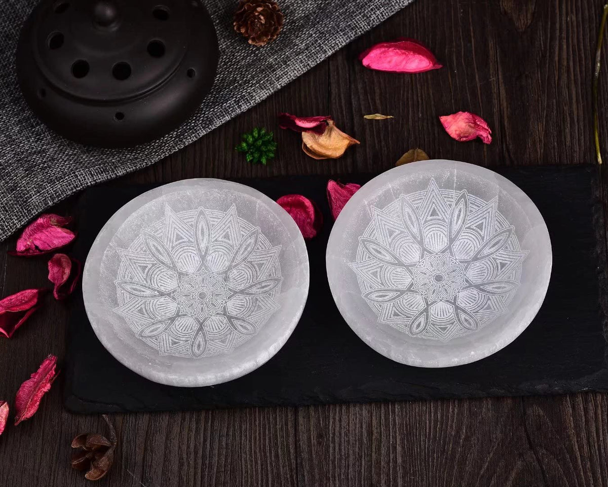 Natural Selenite Bowl Mandala Engraved Dish Charging Station 3.5 (Round Mandala B 3.5-4 inches)