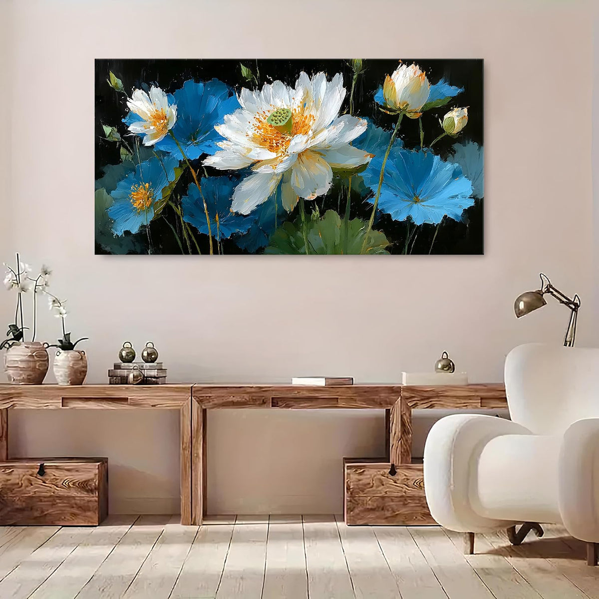 Large Abstract Lotus Flower Canvas Wall Art for Living Room Vintage Floral Picture Boho Decor Blue and White Zen Lotus Painting Meditation Room Artwork Poster Kitchen Office Decorations 30x60” (60"L x 30"W / Blue Lotus)