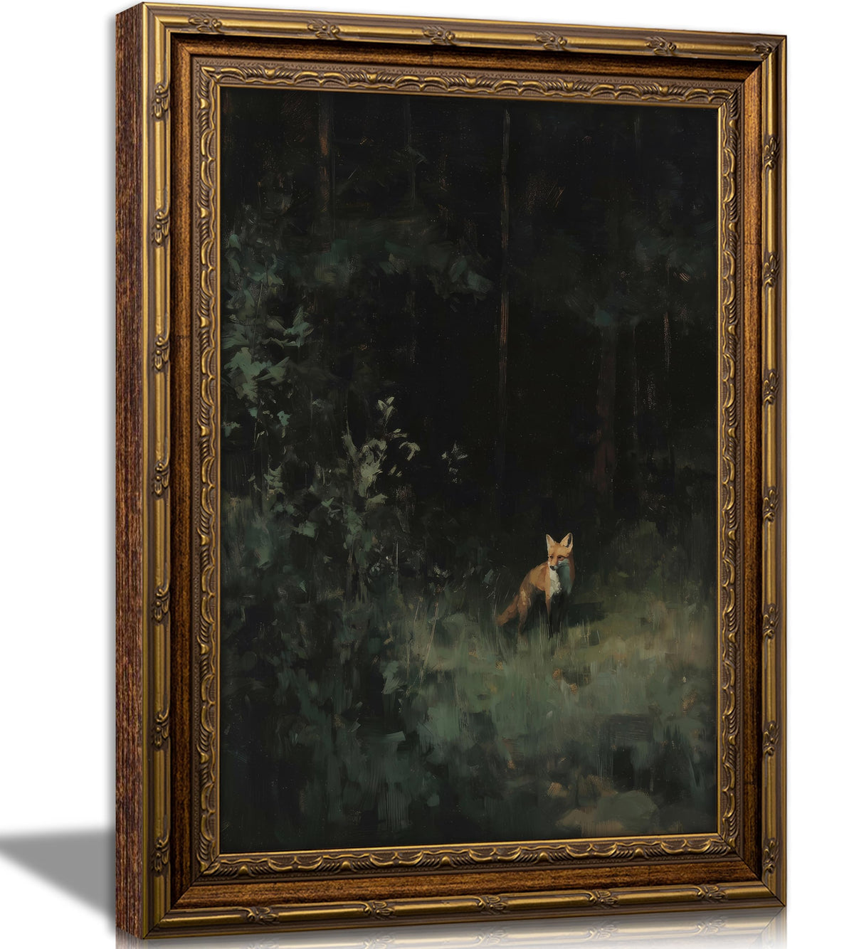 Vintage Gold Framed Wall Art Dark Academia Fox Canvas Wall Decor Forest Wildlife Picture Retro Woodland Animals Fox Print Artwork for Bedroom Living Room Rustic Cabin Farmhouse (forest Fox / 24"L x 16"W)