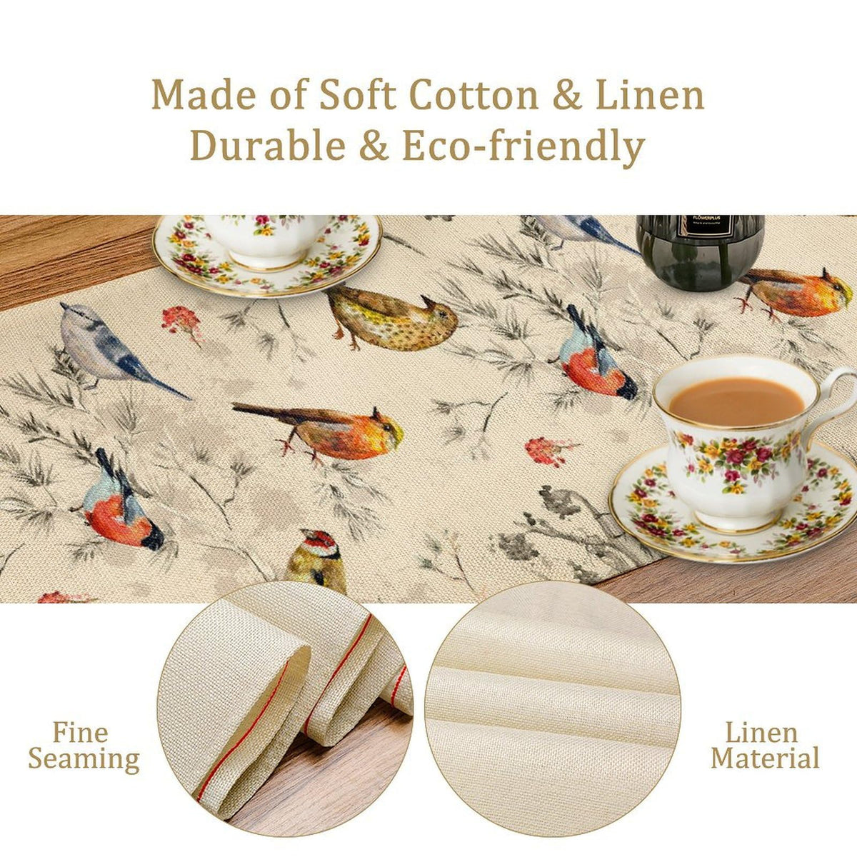 Flower Birds Table Runner Nature Themed Winter Birds on Branches (13x120inch / Birds 1)