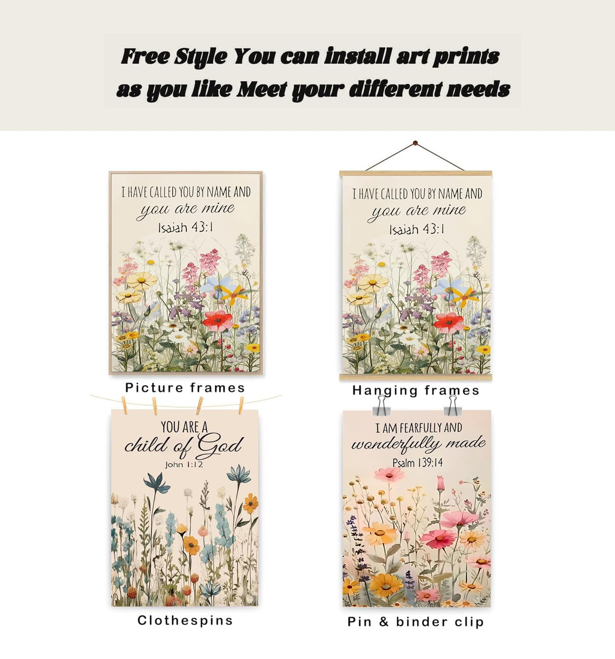 3Pcs Christian Floral Scripture Posters Wall Art (Flower poster / 24L"x16W")