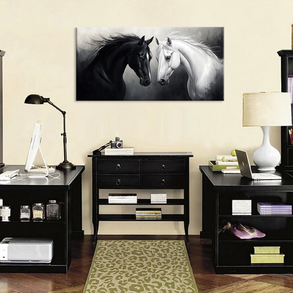 Multicolor Oil Painting Two Horses Wall Art for Living Room Office Classical Art Equine Portrait Painting Prints Vintage Canvas Artwork Dining Bedroom Decor Extra Large (Abstract / Black White Two Horses Wall Art / 58"L x 28"W)