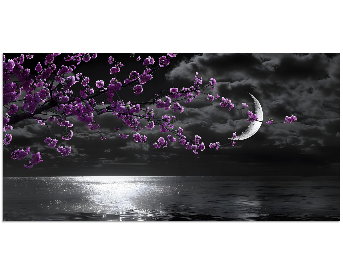 1 Panel Purple Picture for Bedroom Purple Bedroom Pictures Wall Decor Black and White Seascape Full Moon Purple Flower Print on Canvas for Home Decor Stretched and Framed 8x16 inch (16"L x 8"W / Purple Flower 9)