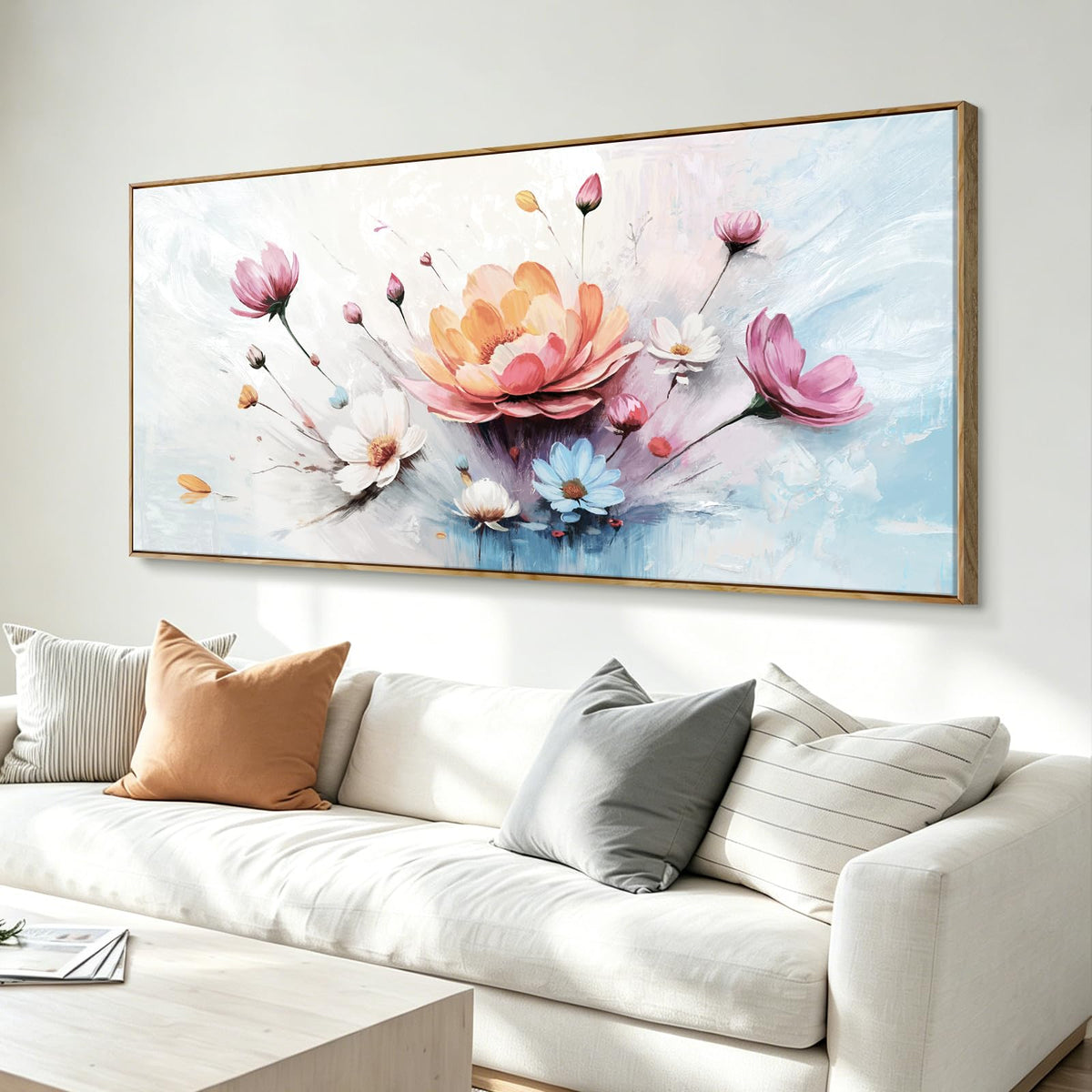 Overside Framed Abstract Flower Wall Art For Living Room 58X29 In (Colorful Flower Wall Art / 58"L x 29"W(Framed))