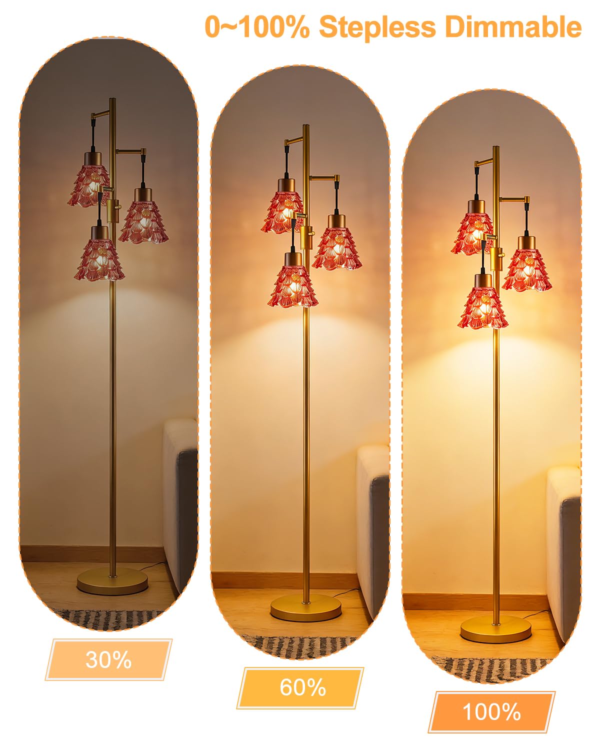 Glass Floor Lamp 3 (3 Deep Red Horn-Gold)