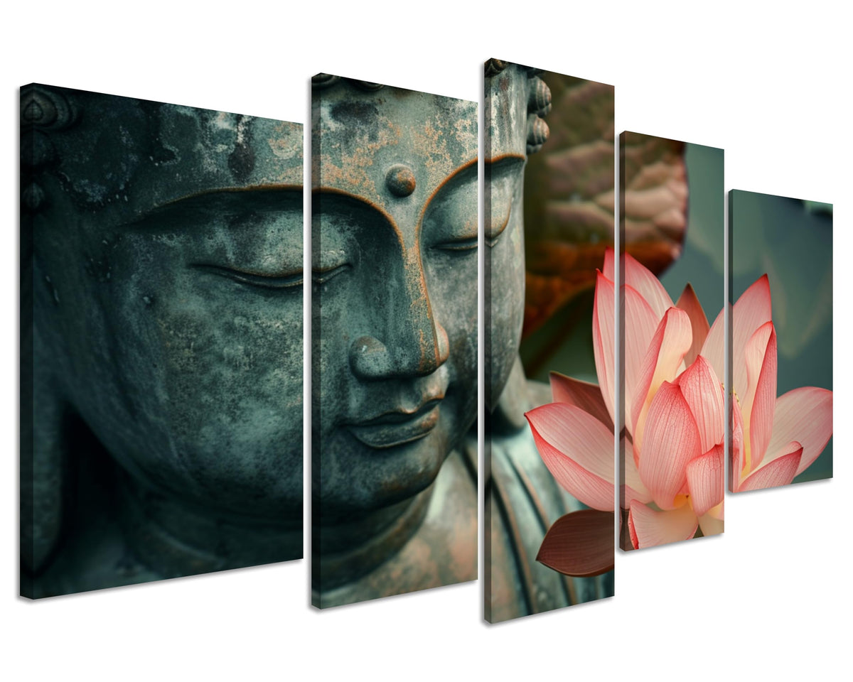 5Pcs Zen Buddha Lotus Flower Canvas Wall Art Spiritual Decor for Meditation Peaceful Home Decor Asian Cultural Symbolism Tranquil Art for Living Room Bedroom Office Ready to Hang (10"L x 16"W, 8"L x 20"W, 8"L x 24"W / 5PCS-Buddha)
