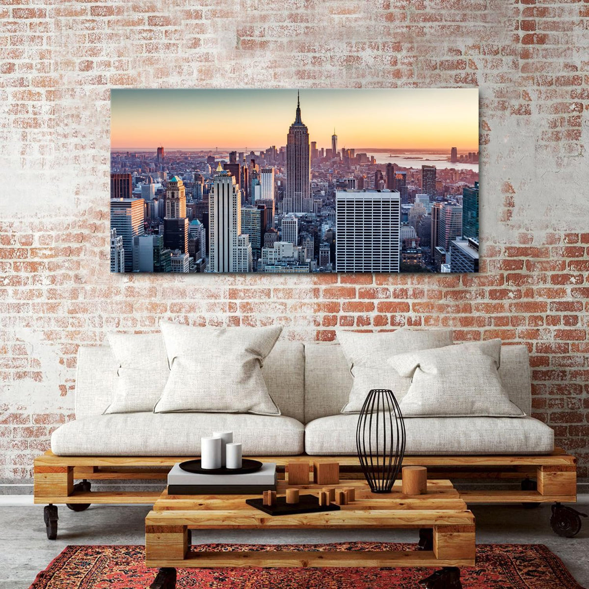 NYC Wall Art Manhattan Skyline at Night Painting Prints Sunset New York City Wall Decor Modern Building Skyscraper Picture USA Downtown Panoramic Artwork for Office Bedroom Home Decoration 30x60" (57.8"L x 30"W / New York)