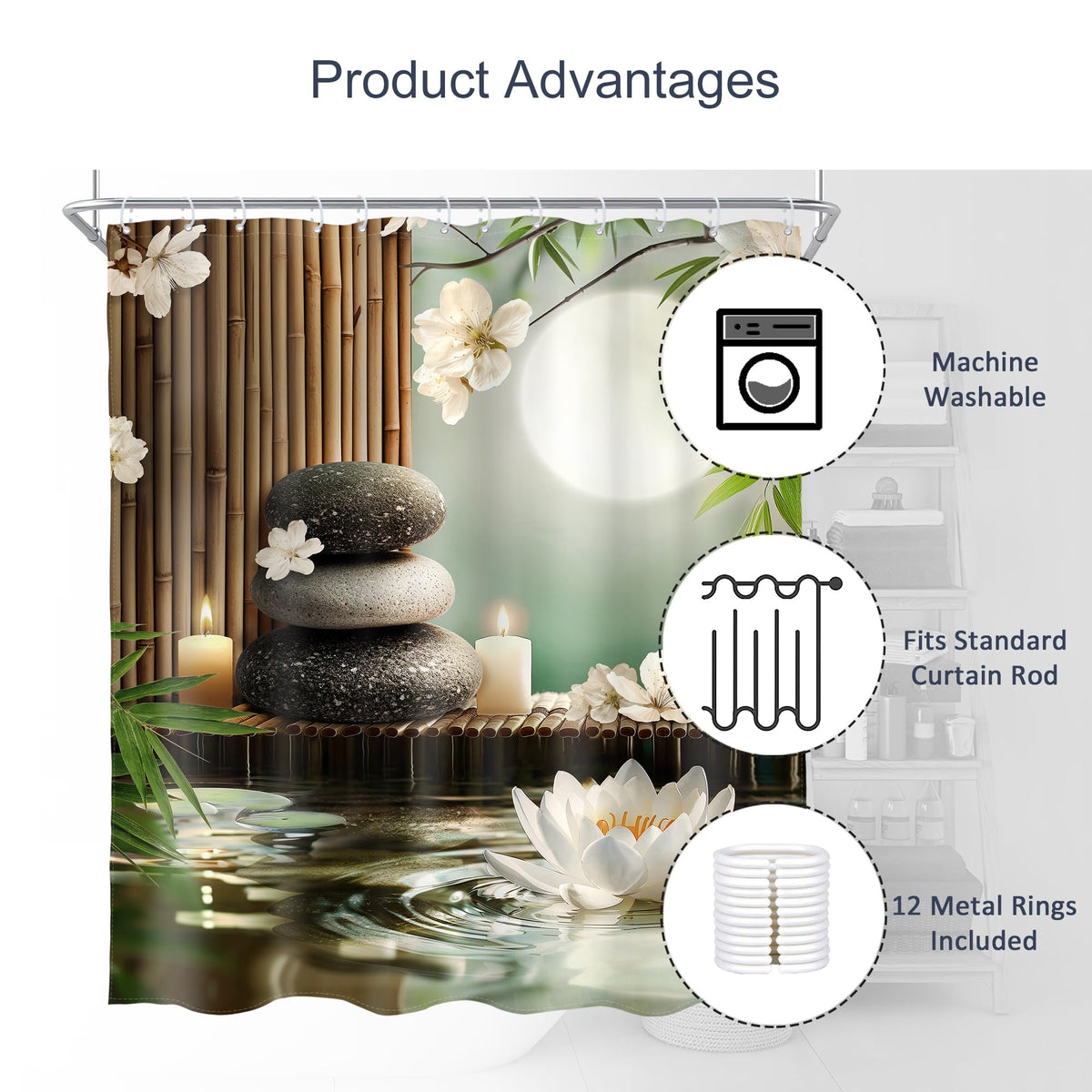 Lotus Zen Bamboo Stone Shower Curtain Spa Floral Pastel Moon 72Wx84L Inch (E-green / 72"W x 84"L (Pack of 1))