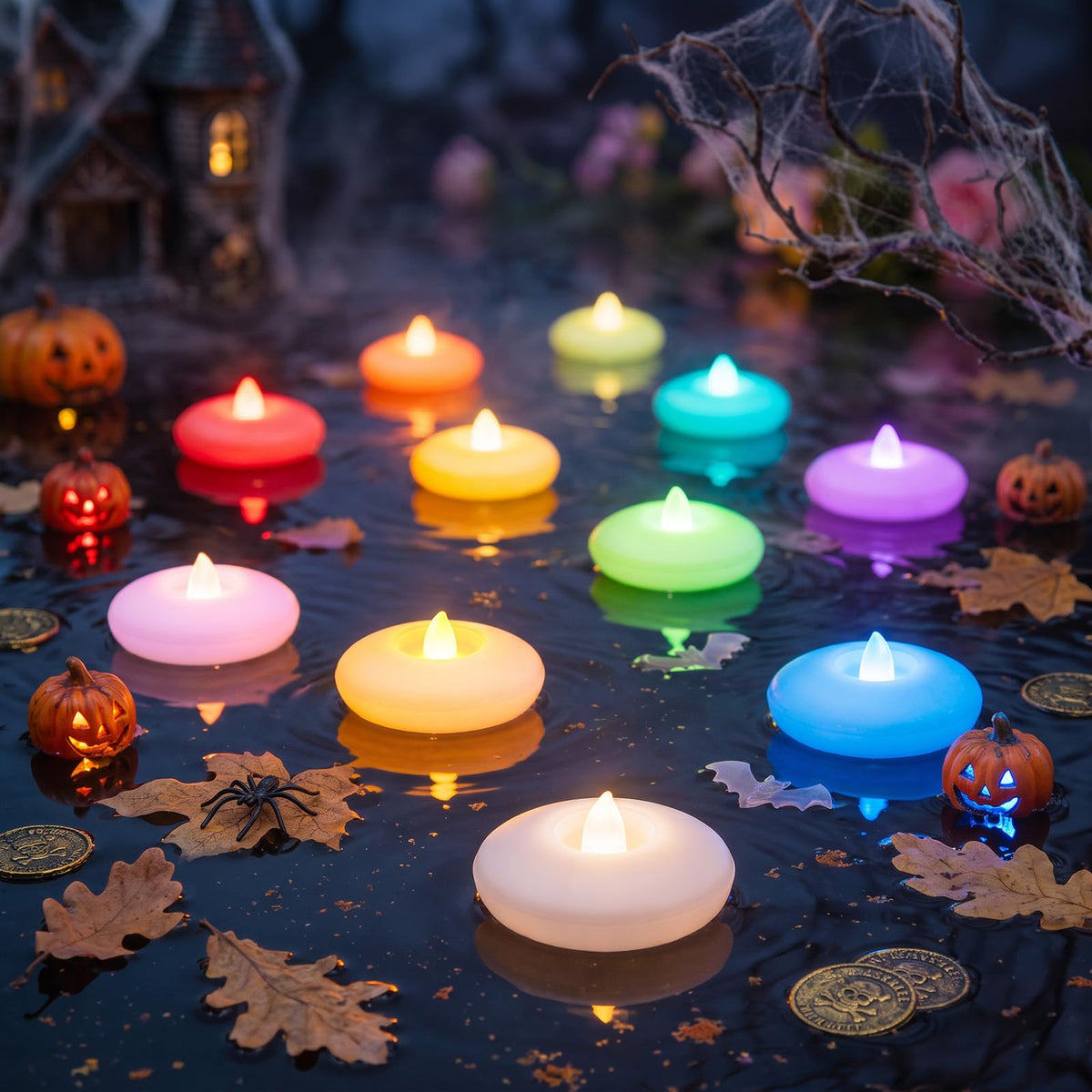 12Pack 3" Color Changing Flameless Floating LED Tealight Candles (Multicolor Base / 12 Pack)