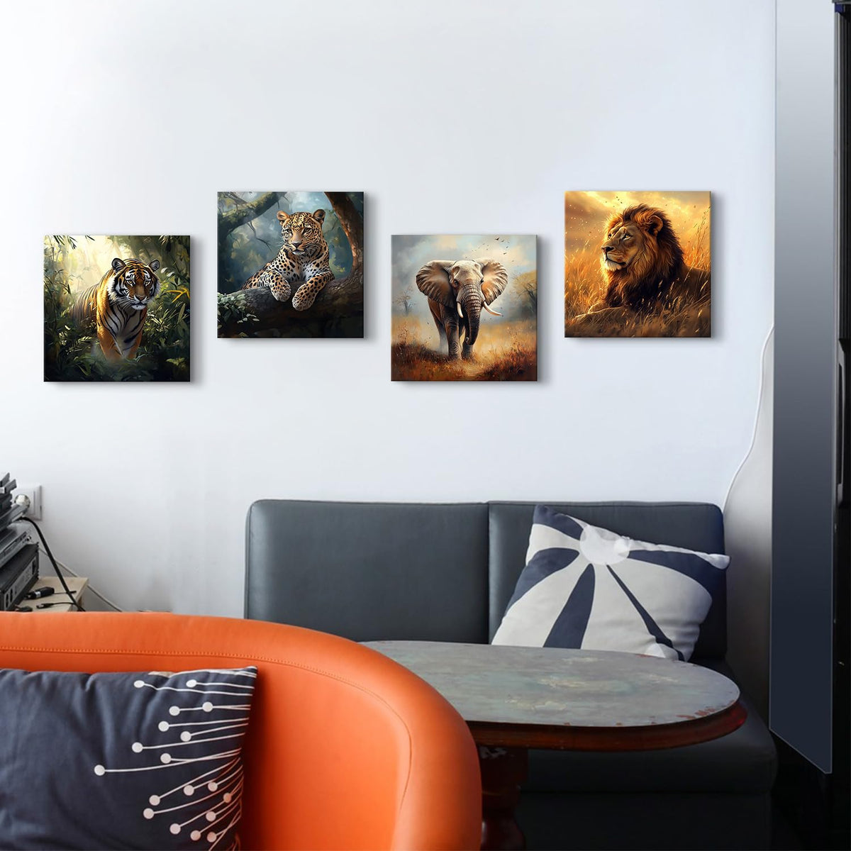 Wild Animal Lion Wall Art Wildlife Safari Wall Decor for Nursery Vintage African Elephant Canvas Pictures Tiger Panther Posters Jungle Forest Animals Paintings Artwork Living Room Decoration 12x12" 4P (12"L x 12"W / Wild Animals)