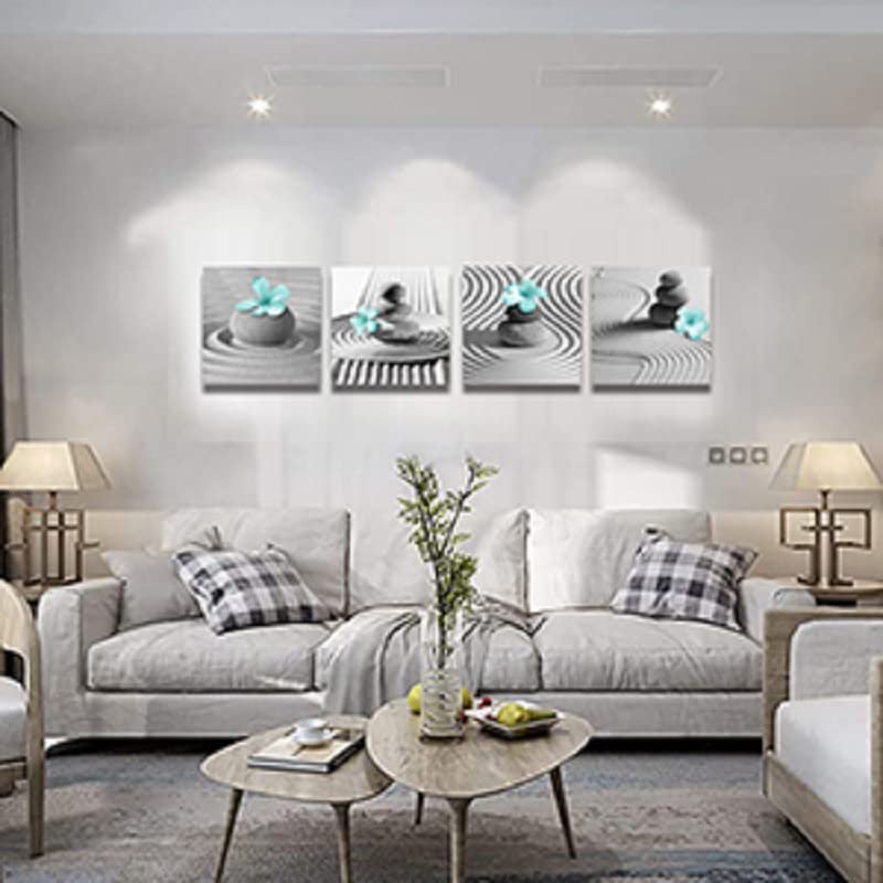 Gray Wall Art Zen Wall Art Teal Floral Paintings Black and White Decor Zen Stone Sand Pebble Canvas Flower Artwork for Wall Home Decoration Bathroom Wall Decor 12''x12''x4pcs (Teal Gray Wall Art / 12"L x 12"W x 4 pcs)