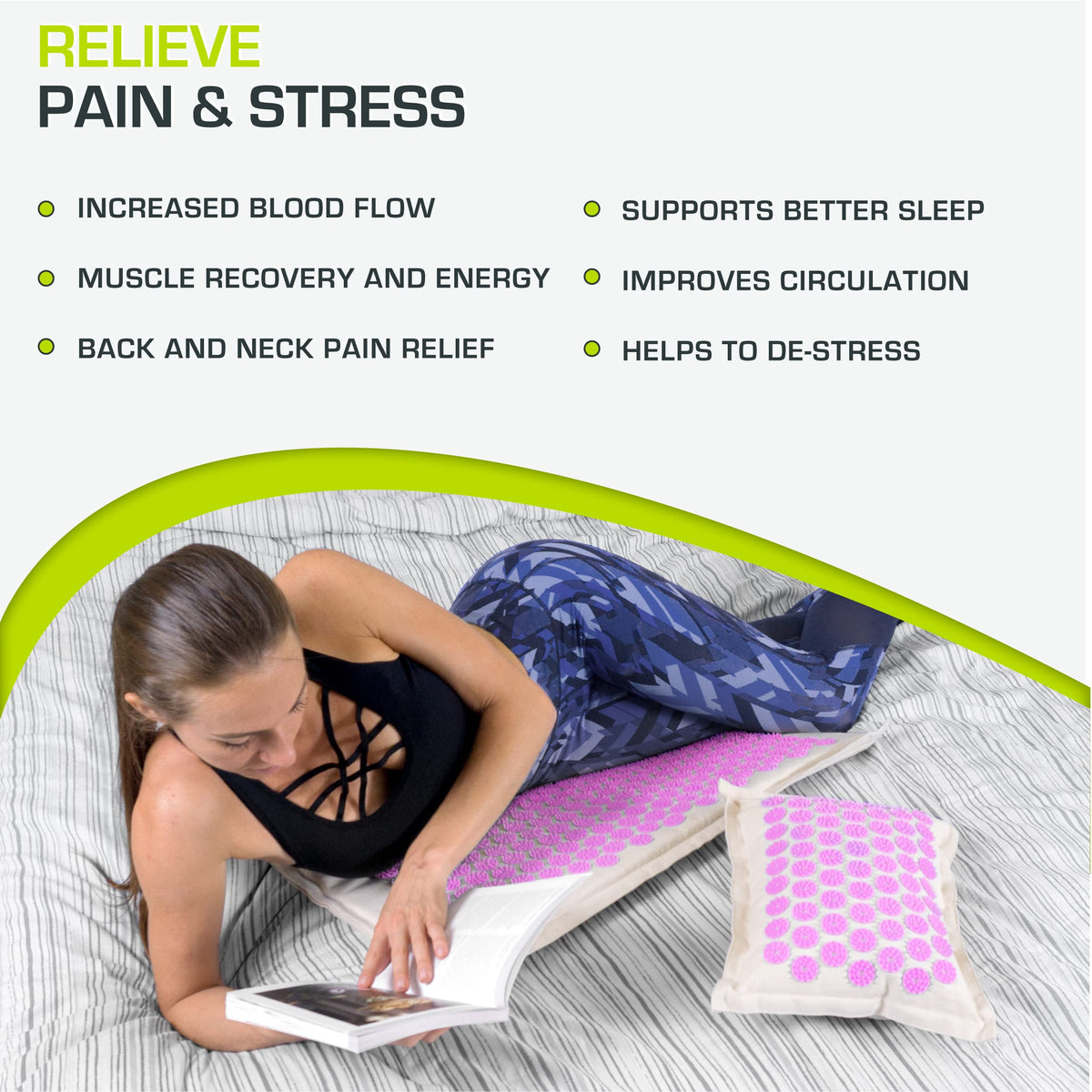 Ki Acupressure Mat and Pillow Set with 100% Natural Linen and Coconut Fiber Filling; Spike Mat for Back and Neck Pain Relief (Natural Purpule)