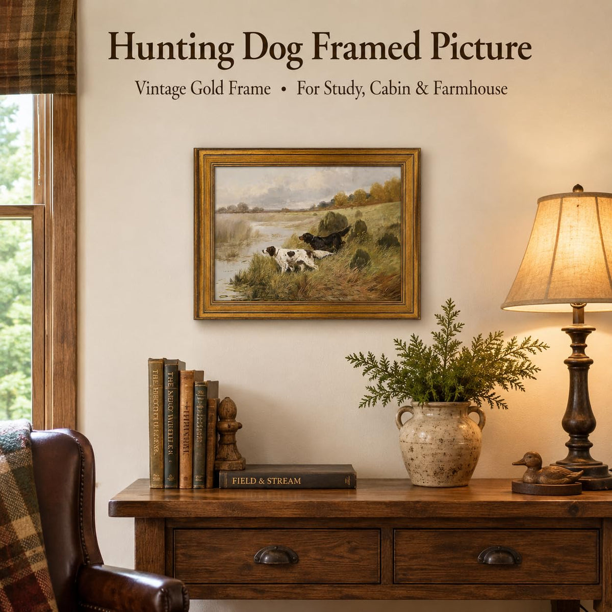 Vintage Golden Framed Canvas Wall Art Retro two Dog and River Painting Picture Wall Decor Antique Frame Victorian Landscape Poster Print Artwork for Living Room Bedroom Gallery Home Decoration (Dog / 11"L x 9"W)