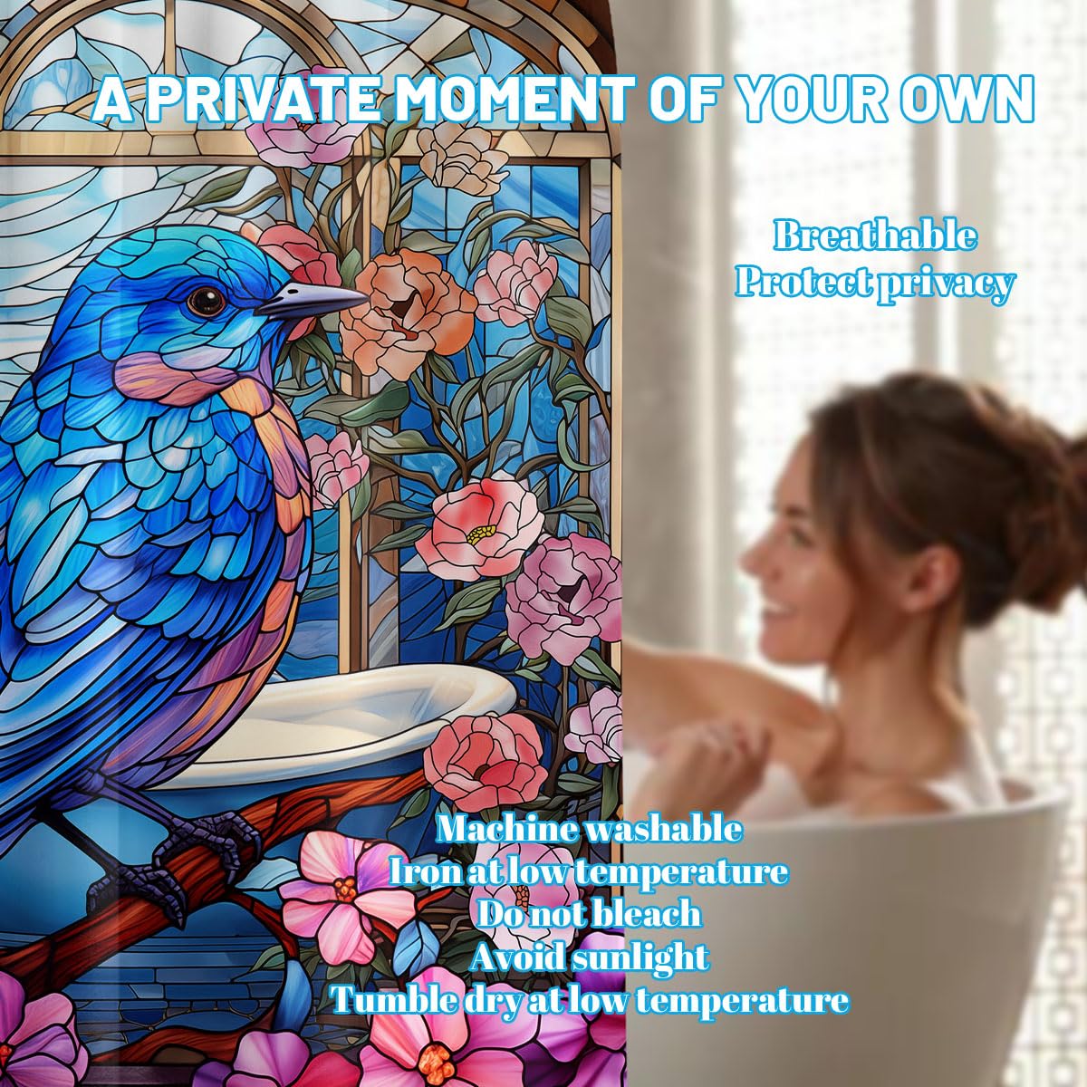 Stained Glass Shower Curtain Bird Floral Art Deco Shower Curtains for Bathroom Decor Sets (Stained Glass Bird / 60"W x 72"L (Pack of 1))