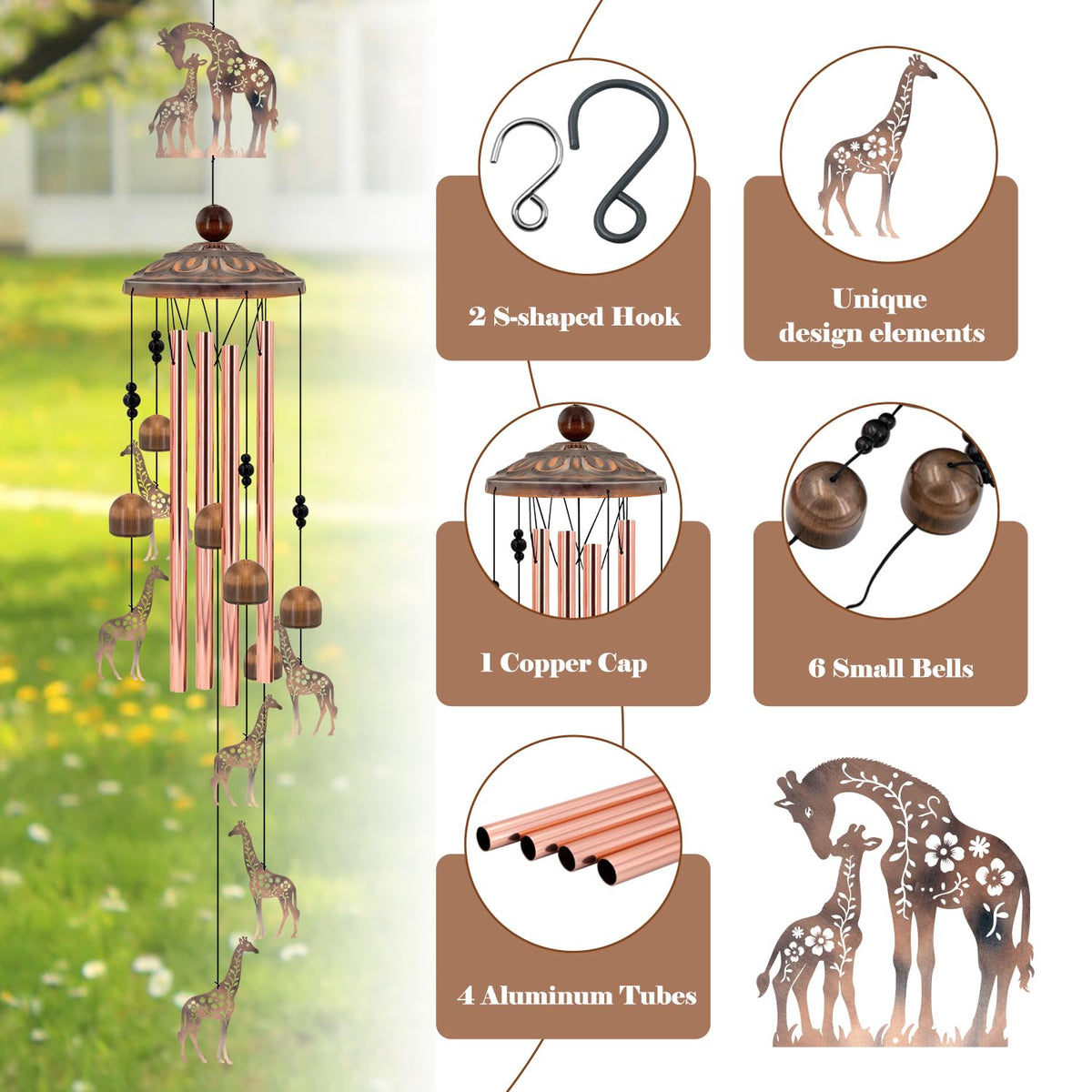 35" Giraffe Wind Chimes for Outside Heartwarming Gift for Mom (35"Giraffe)