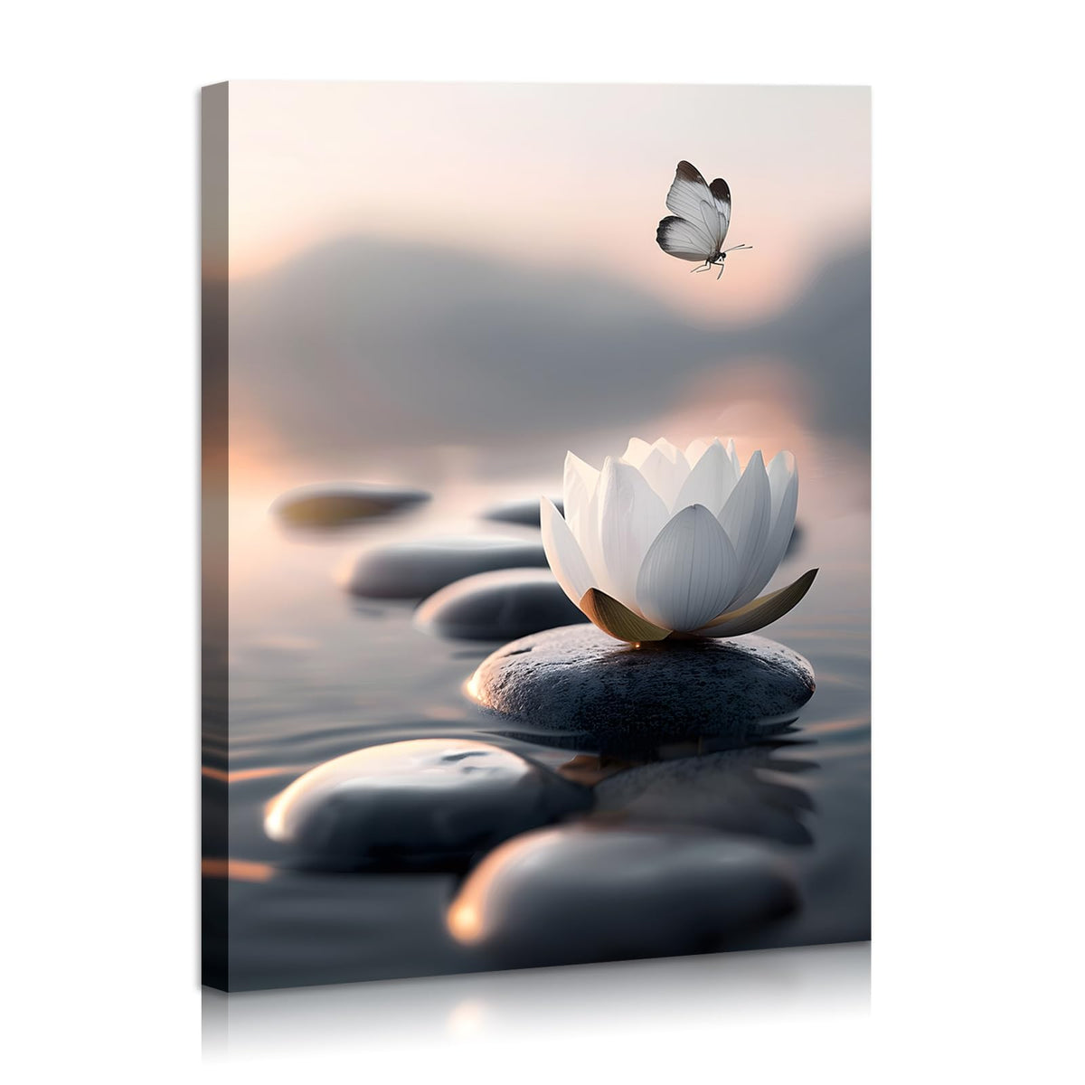 White Lotus Wall Art Canvas Flowers and Stones Spa Butterfly Painting Pictures for Yoga Room Spiritual Room Bathroom Zen Spa Photo Decor Framed Ready to Hang 12X16inches (16"L x 12"W / Lotus 01)