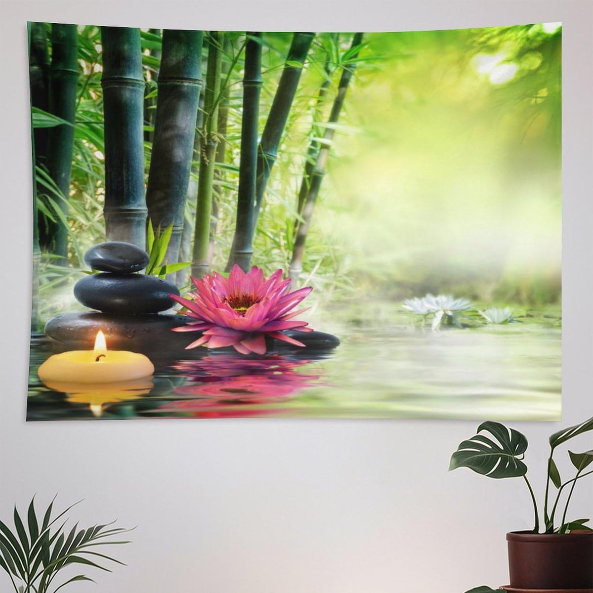 Japanese Garden View Tapestry Wall Hanging Spa Water Lotus Flower Zen Stone Relaxation Bamboos Candles Tapestries Home Decor for Living Room Bedroom Farmhouse Apartment Dorm 60"x80" (60"L x 80"W / Zen-17)