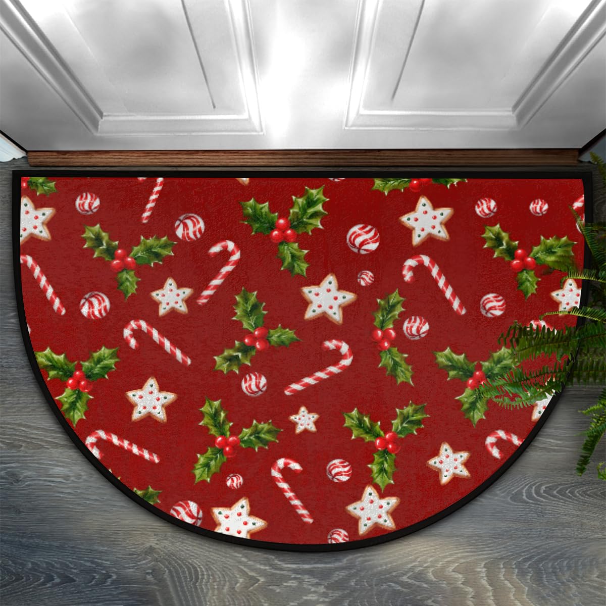 Candy Cane Half Round Door Mat Indoor Entrance Semi Circle Area Rugs (Z Christmas Xmas Candy Cane)
