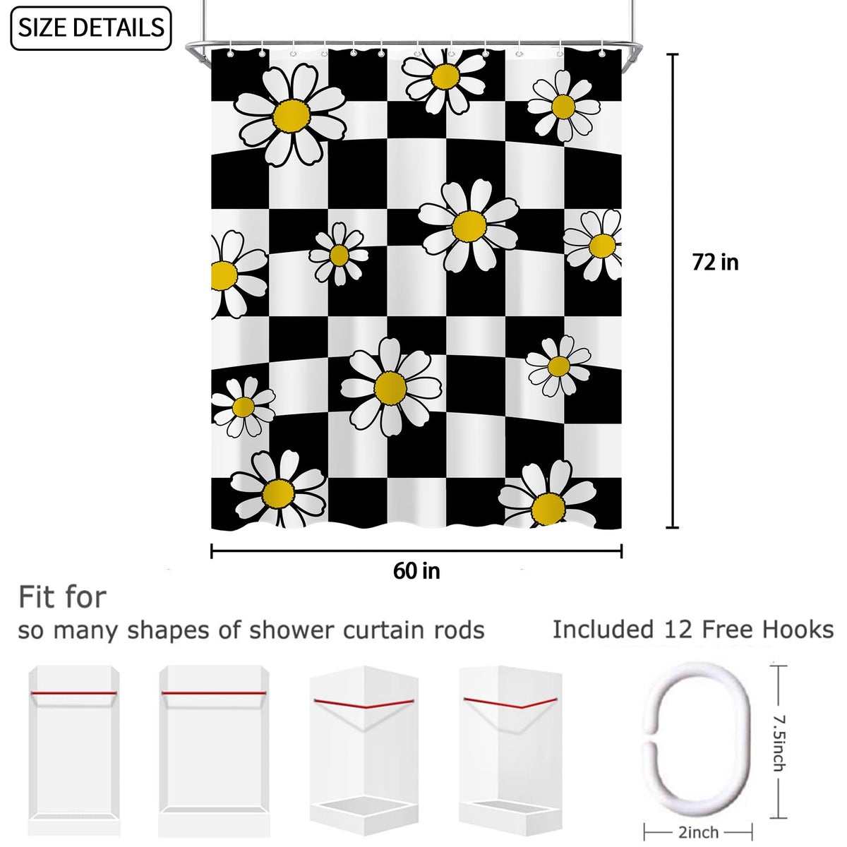 70s Retro Black White Checkered Daisy Shower Curtain 60"X72" Flower Checkerboard Cute Vintage Wavy Funky Shower Curtain Set for Bathroom Plaid Bathtub Curtain Decor Groovy Bathroom Curtain (60"W x 72"L (Pack of 1) / 70s Checkerd Daisy)