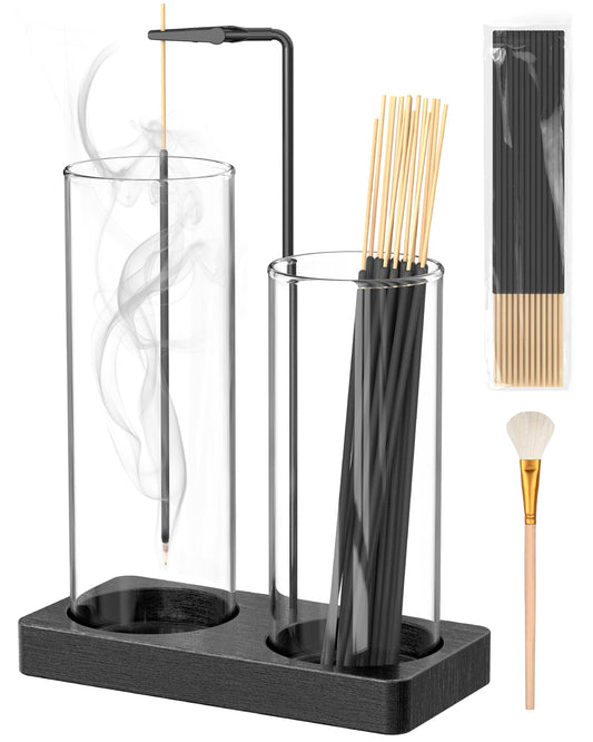 2 in 1 Incense Holder for Sticks with Glass Jars (Round Black)