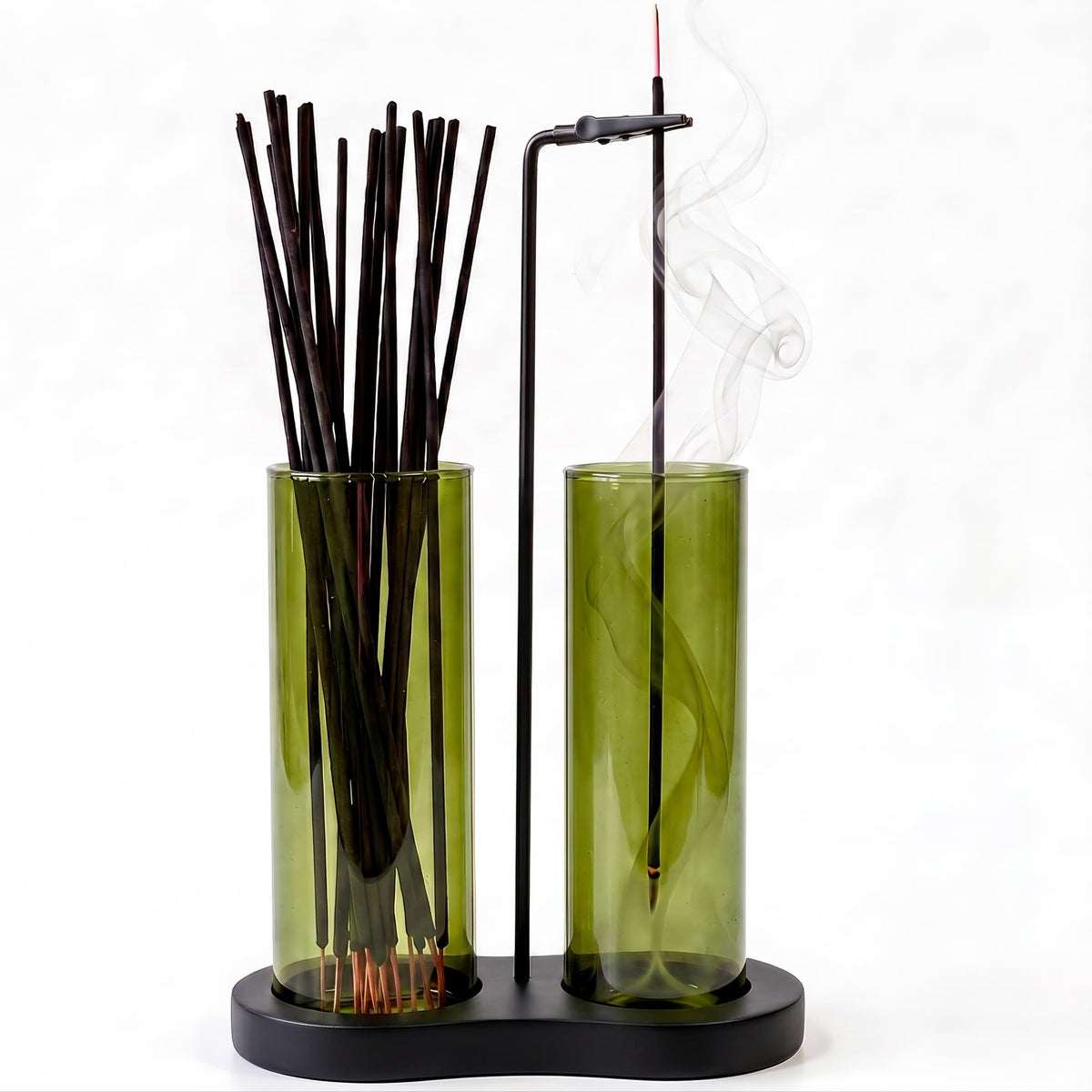 Incense Holder for Sticks Upside Down Hanging Incense Burner with Removable Glass Ash Catcher and Wooden Base (Green)