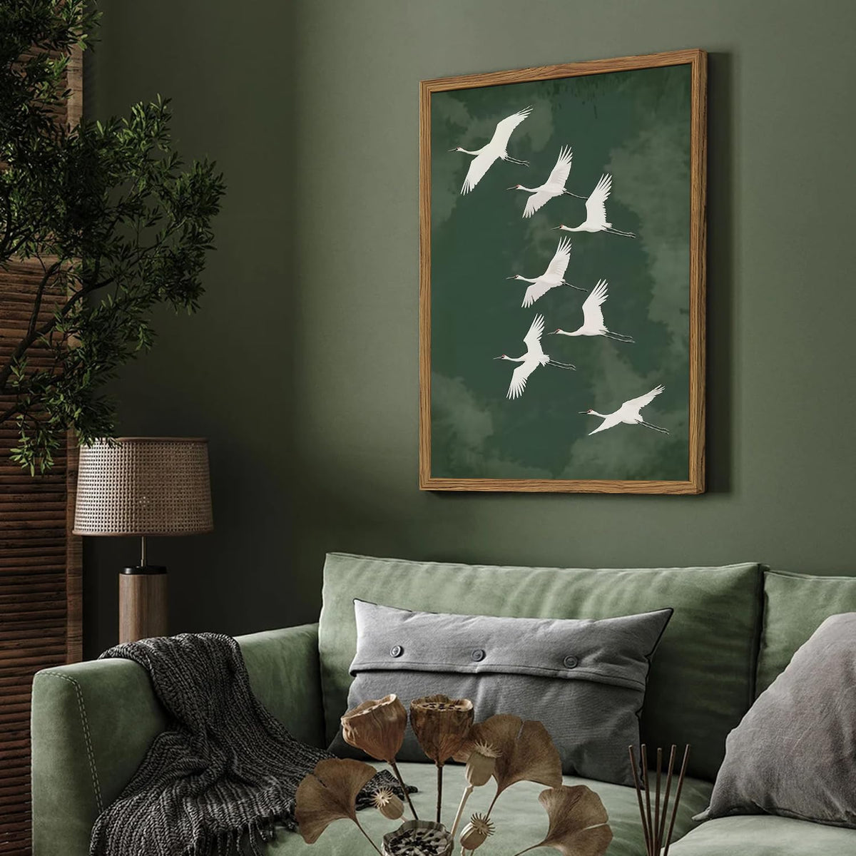 Framed Japanese Flying Cranes Wall Art (White / 24"L x 16"W)