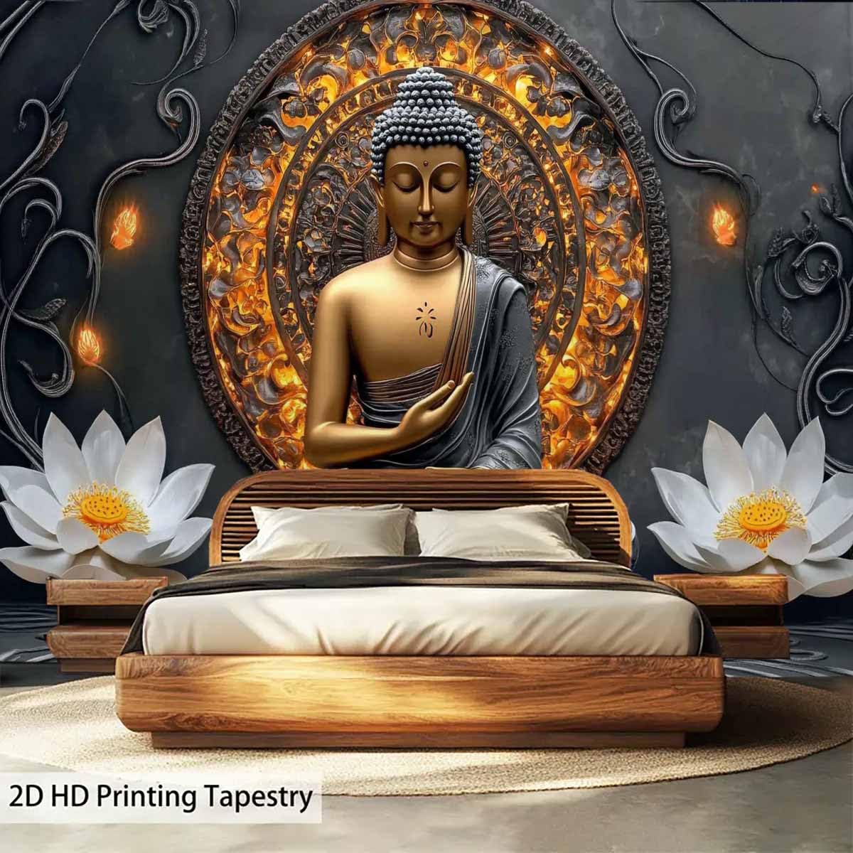 Sitting Golden Buddha Tapestry Wall Hanging Buddhist Statue Tapestries White Lotus Meditation Wall Decor Zen Art Psychedelic Indian Wall Blanket for Bedroom Living Room Home Decor (Grey / 59"L x 51"W)
