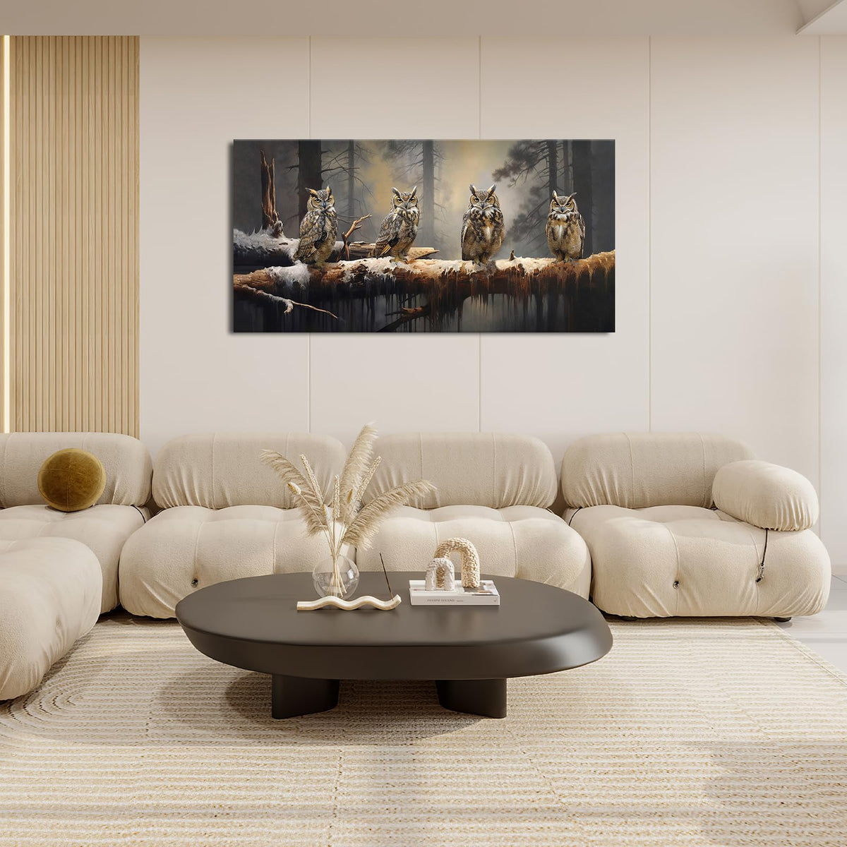 Owl Wall Art Four Owls On The Branch Pictures Large Wall Decor Misty Forest Animals Canvas Print Painting Home Bird Decoration Modern Framed Artwork for Living Room Bedroom Office Home 60"x30" (60"L x 30"W / Four Owls on The Branch)