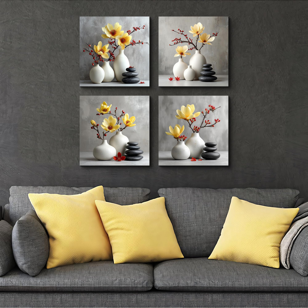 4PCS Magnolia Flower Canvas Wall Art Yellow Blooms Red Berries in White Ceramic Vases Zen Stones Minimalist Still Life Pictures for Living Room Bedroom Bathroom Spa Asian Inspired Home Decor (16X16inchX4 / Yellow Magnolia)